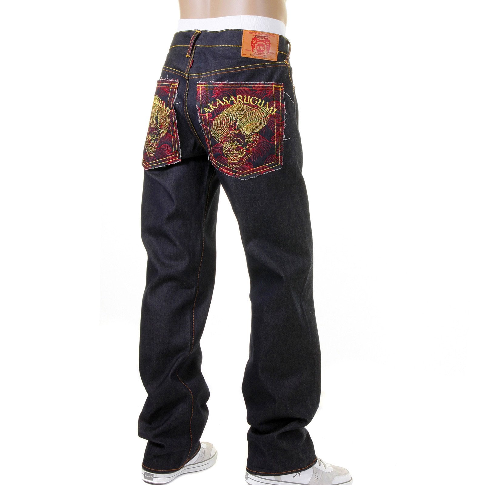RMC JEANS VINTAGE CUT DARK INDIGO COTTON HOUSE SELVEDGE RAW DENIM JEANS WITH AKASARUGUMI EMBROIDERY REDM5644