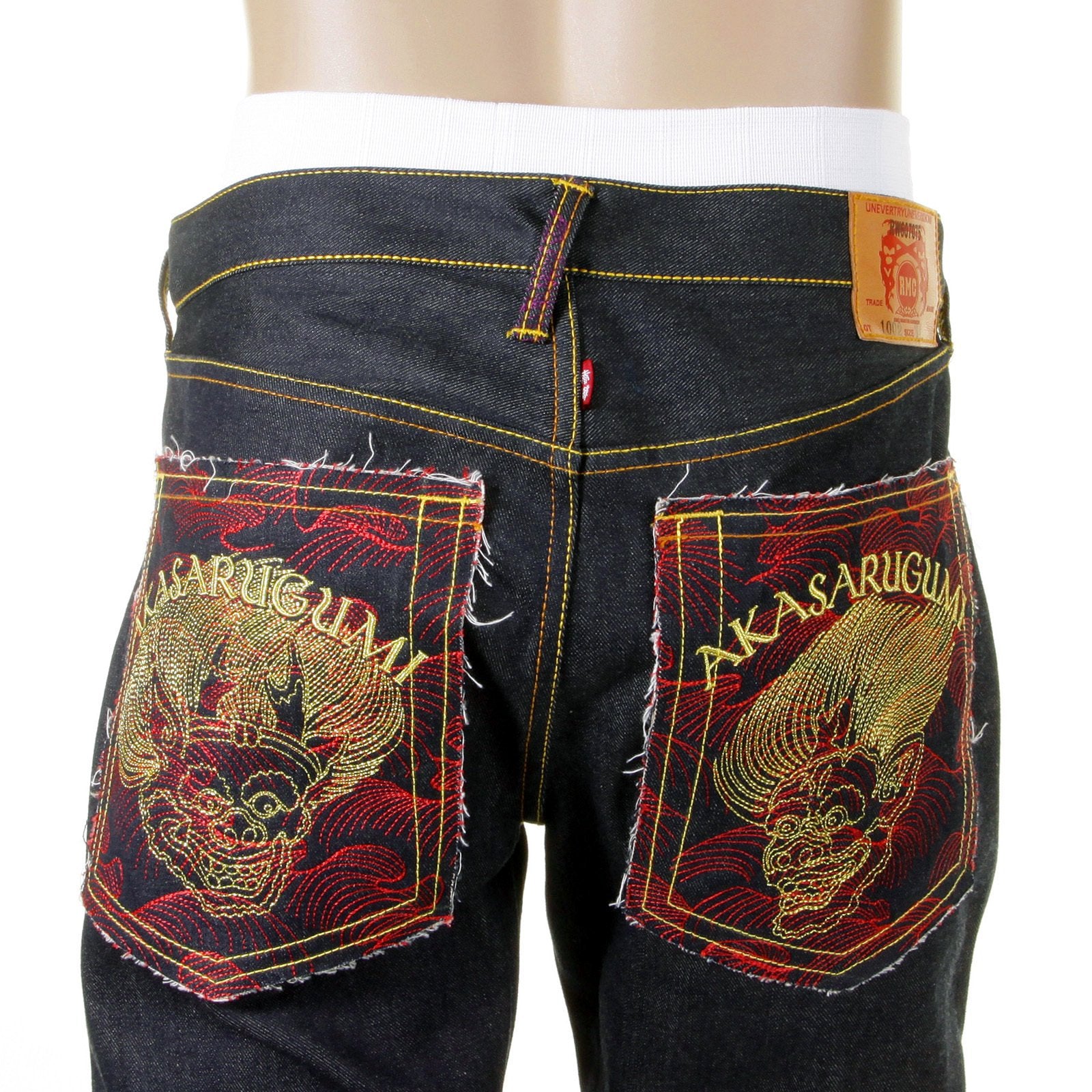 RMC JEANS VINTAGE CUT DARK INDIGO COTTON HOUSE SELVEDGE RAW DENIM JEANS WITH AKASARUGUMI EMBROIDERY REDM5644