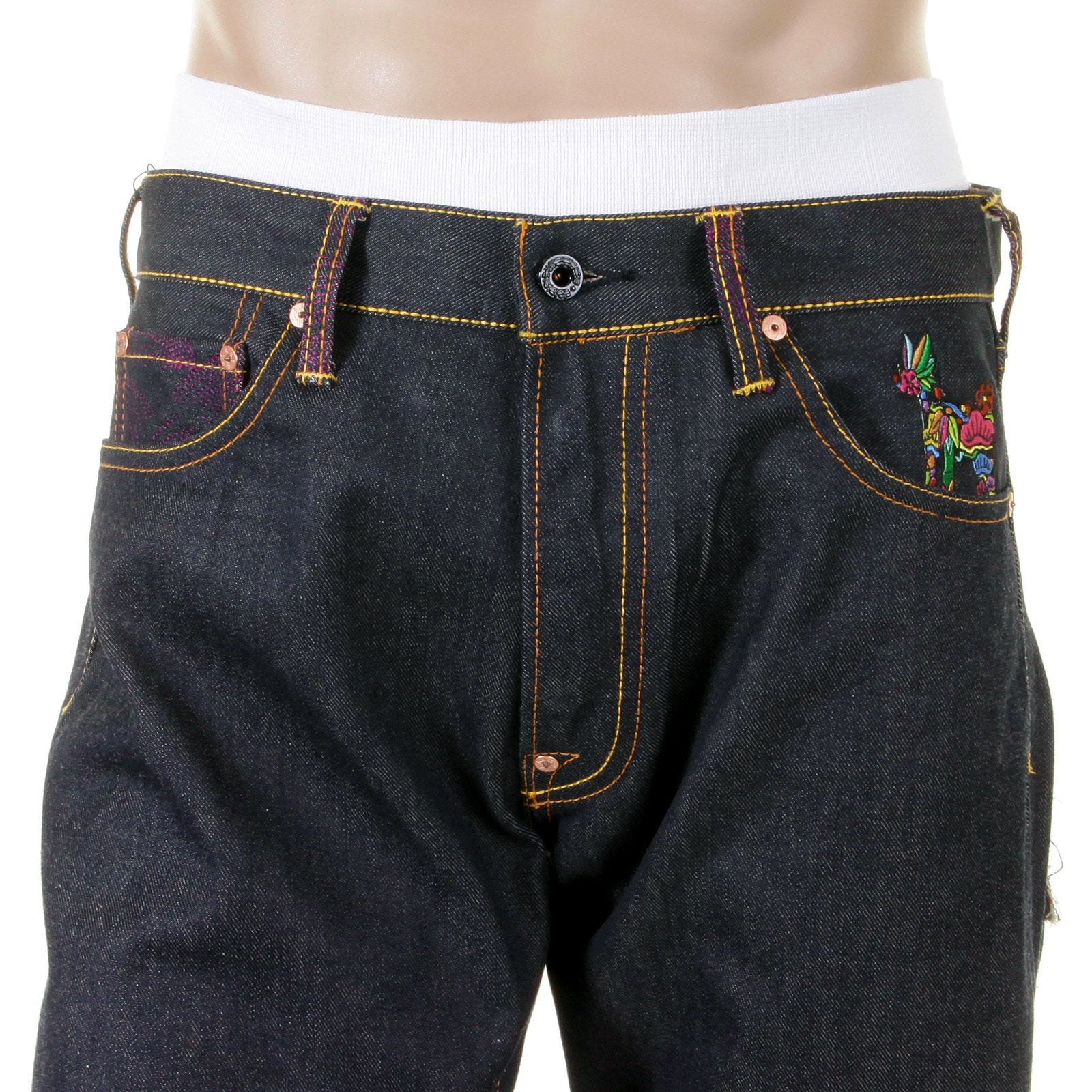 RMC JEANS VINTAGE CUT DARK INDIGO COTTON HOUSE SELVEDGE RAW DENIM JEANS WITH AKASARUGUMI EMBROIDERY REDM5644