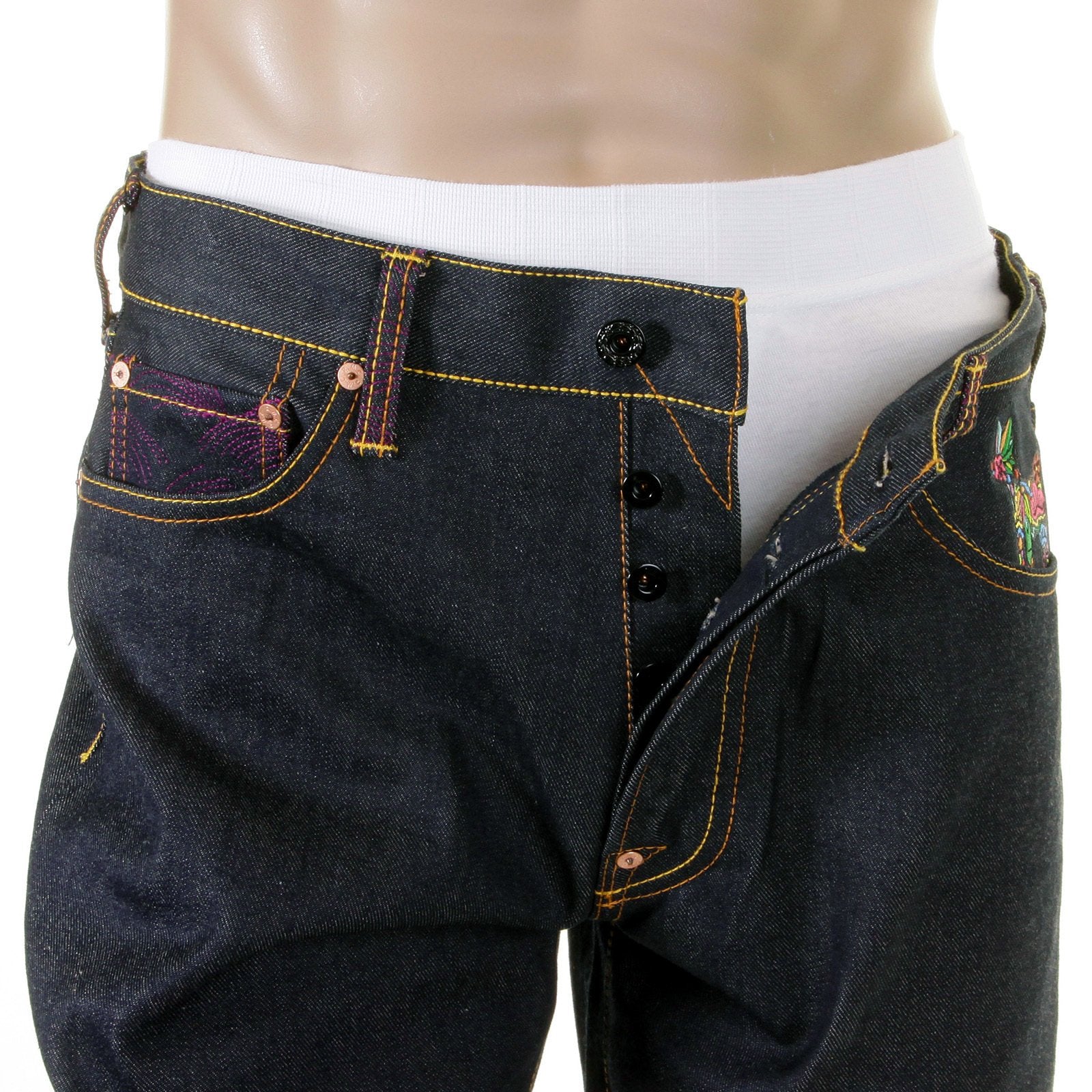RMC JEANS VINTAGE CUT DARK INDIGO COTTON HOUSE SELVEDGE RAW DENIM JEANS WITH AKASARUGUMI EMBROIDERY REDM5644