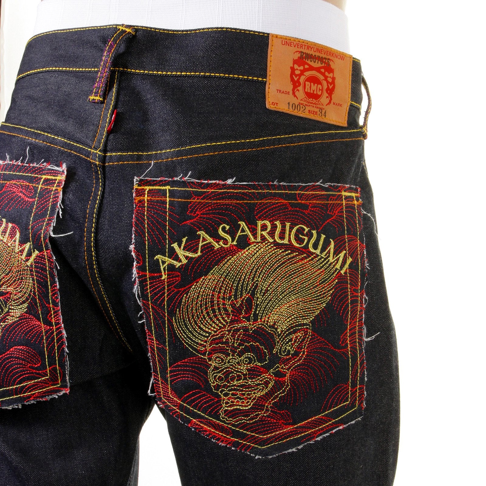RMC JEANS VINTAGE CUT DARK INDIGO COTTON HOUSE SELVEDGE RAW DENIM JEANS WITH AKASARUGUMI EMBROIDERY REDM5644