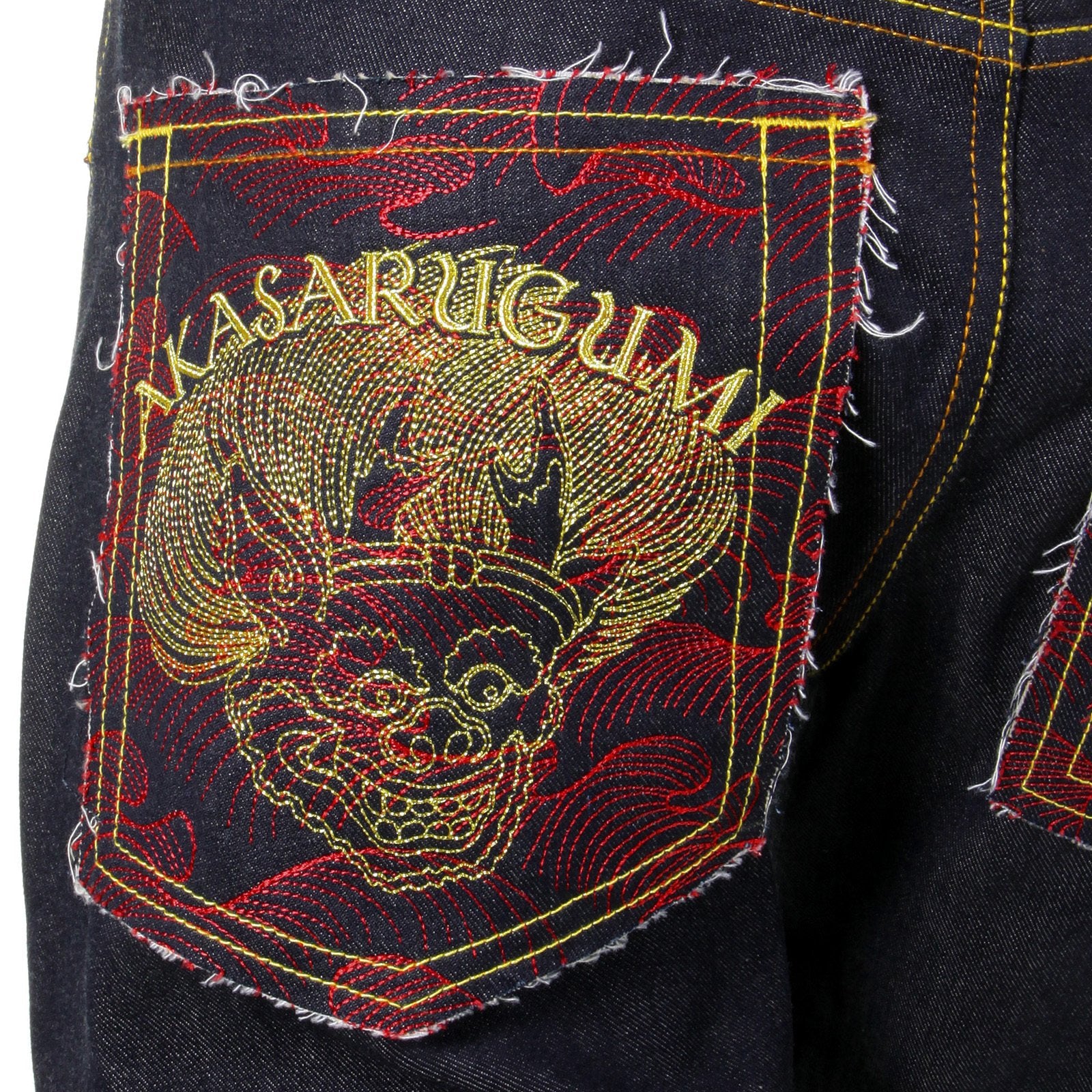 RMC JEANS VINTAGE CUT DARK INDIGO COTTON HOUSE SELVEDGE RAW DENIM JEANS WITH AKASARUGUMI EMBROIDERY REDM5644