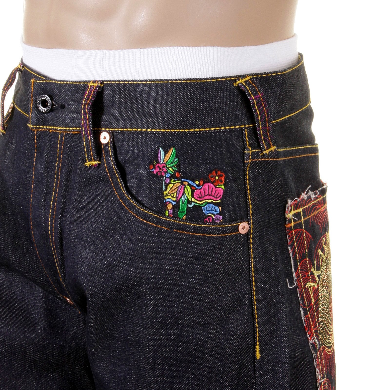 RMC JEANS VINTAGE CUT DARK INDIGO COTTON HOUSE SELVEDGE RAW DENIM JEANS WITH AKASARUGUMI EMBROIDERY REDM5644
