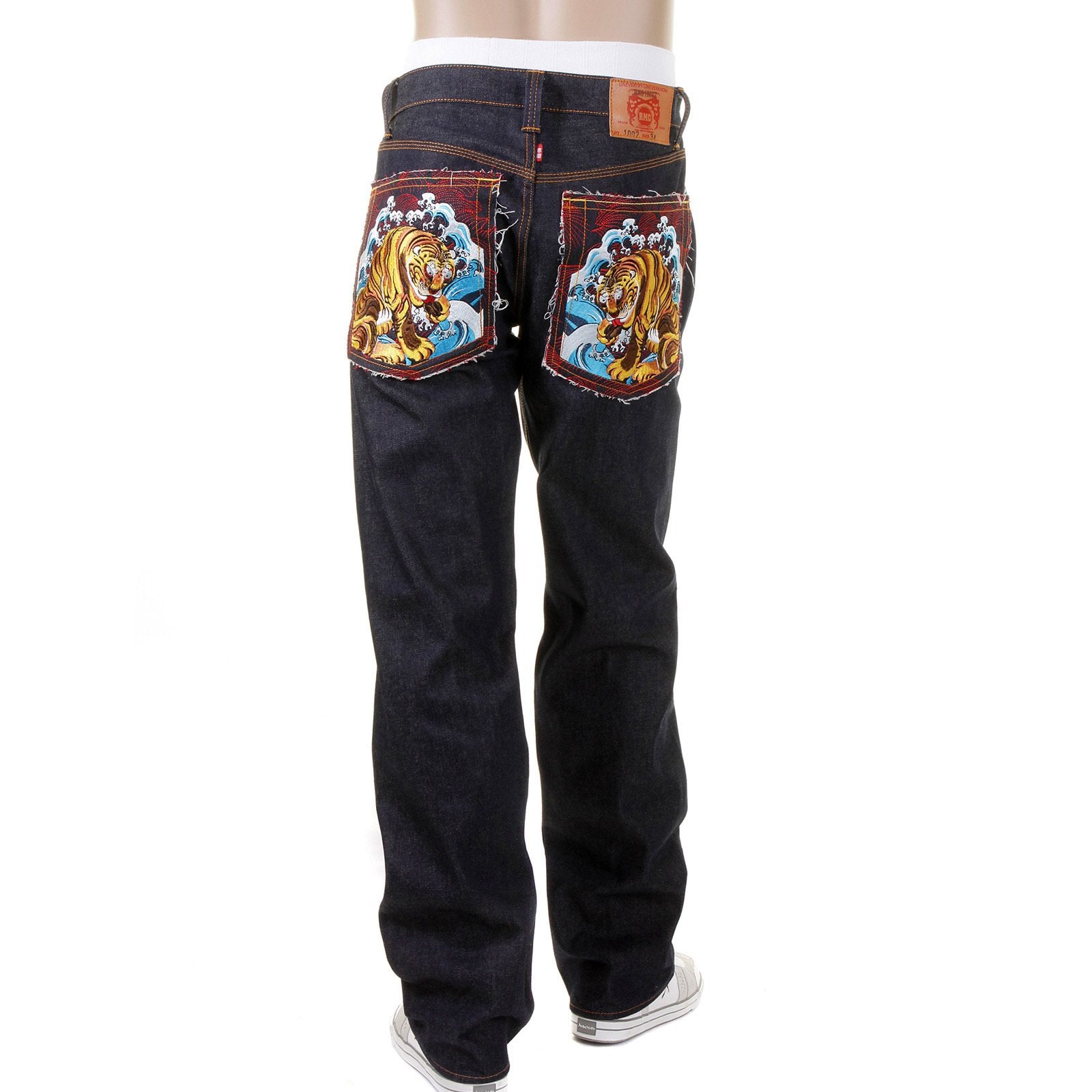 RMC MARTIN KSOHOH VINTAGE CUT EDO TIGER EMBROIDERED DARK INDIGO 100% COTTON RAW DENIM JEANS FOR MEN REDM5639