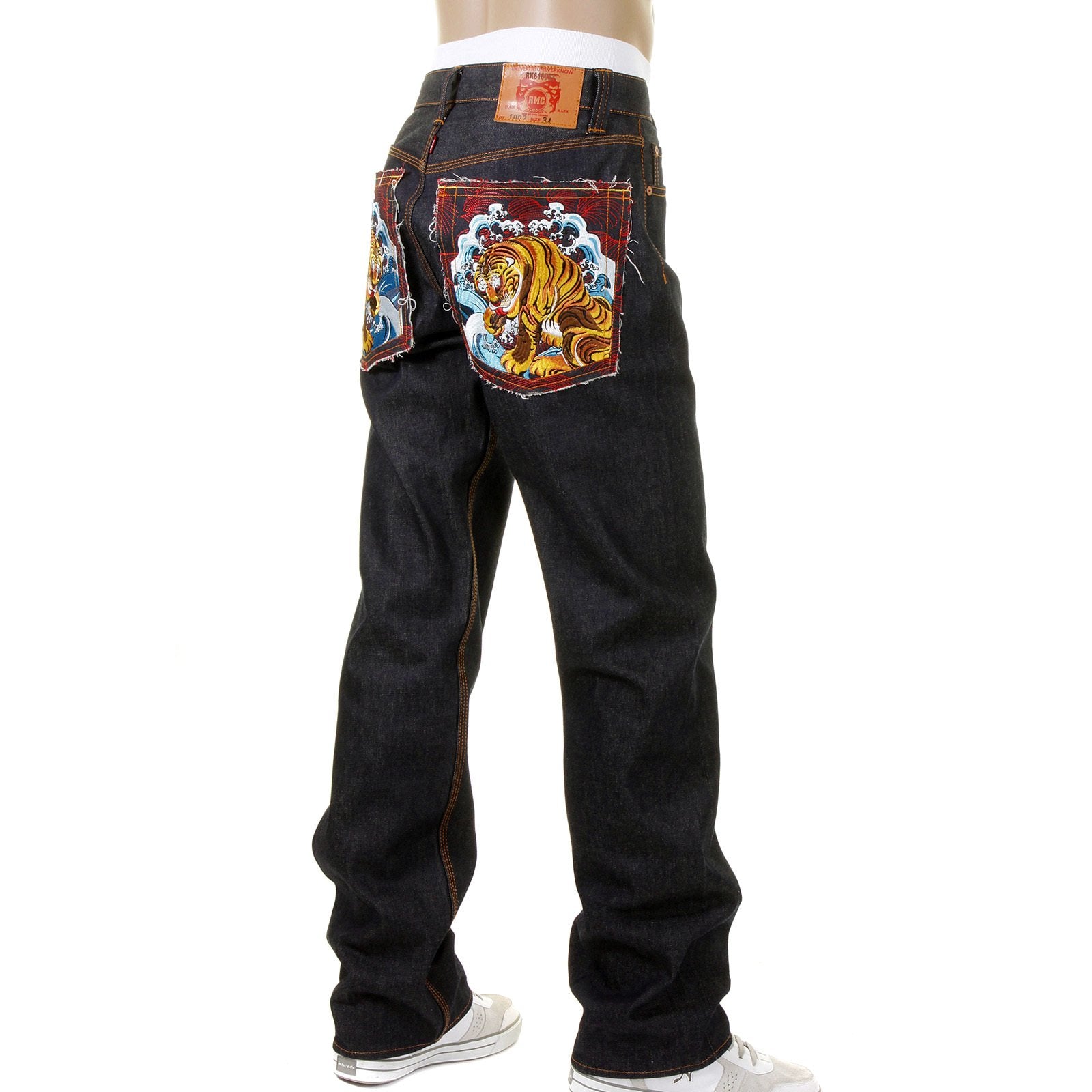 RMC MARTIN KSOHOH VINTAGE CUT EDO TIGER EMBROIDERED DARK INDIGO 100% COTTON RAW DENIM JEANS FOR MEN REDM5639