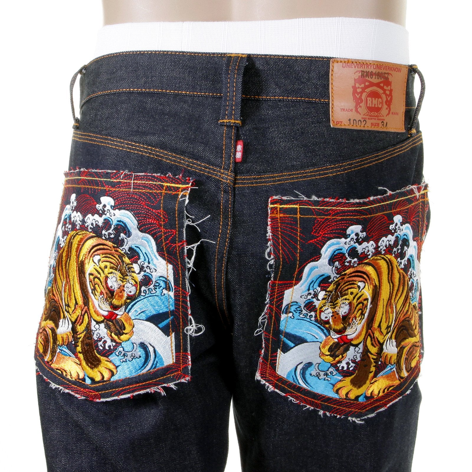 RMC MARTIN KSOHOH VINTAGE CUT EDO TIGER EMBROIDERED DARK INDIGO 100% COTTON RAW DENIM JEANS FOR MEN REDM5639