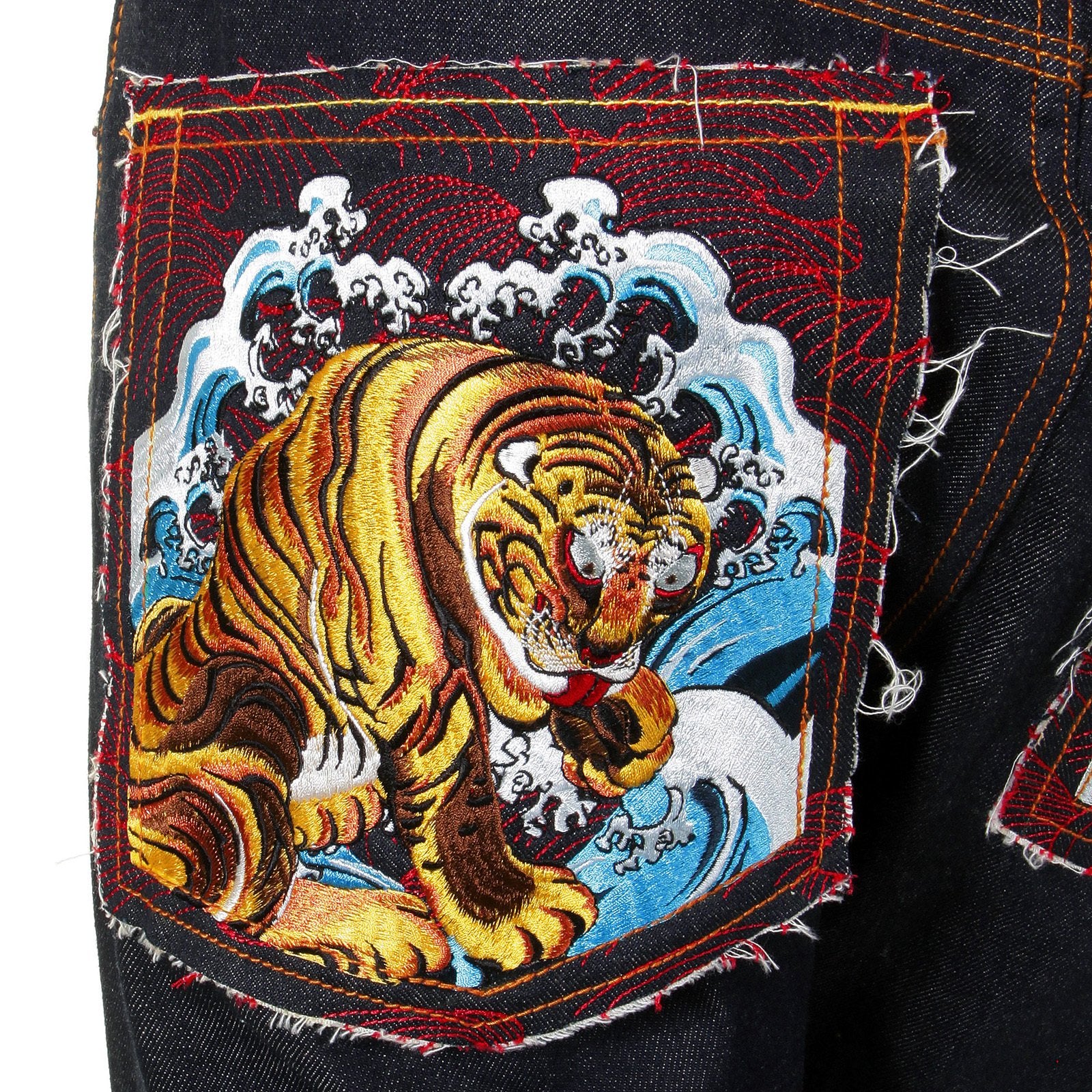 RMC MARTIN KSOHOH VINTAGE CUT EDO TIGER EMBROIDERED DARK INDIGO 100% COTTON RAW DENIM JEANS FOR MEN REDM5639