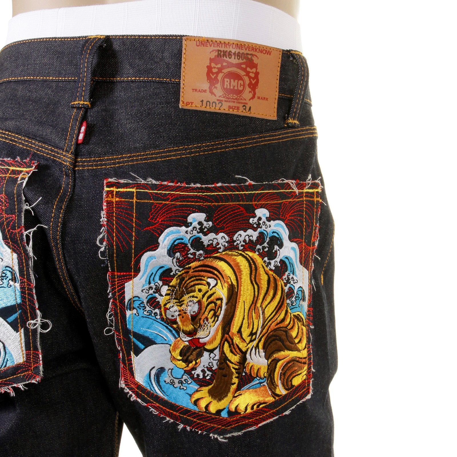 RMC MARTIN KSOHOH VINTAGE CUT EDO TIGER EMBROIDERED DARK INDIGO 100% COTTON RAW DENIM JEANS FOR MEN REDM5639