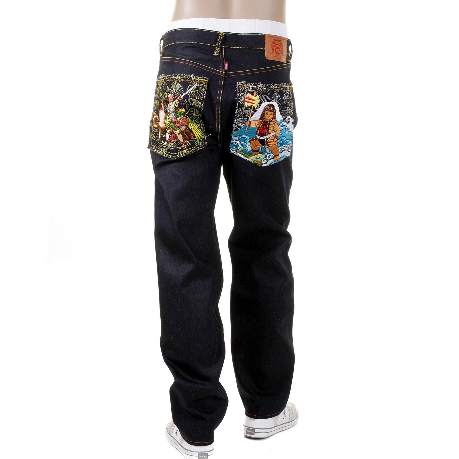 RMC JEANS SLIM FIT EMBROIDERED GENIUS HERO MOMOTARO2 DARK INDIGO RAW SELVEDGE DENIM JEANS FOR MEN REDM2702