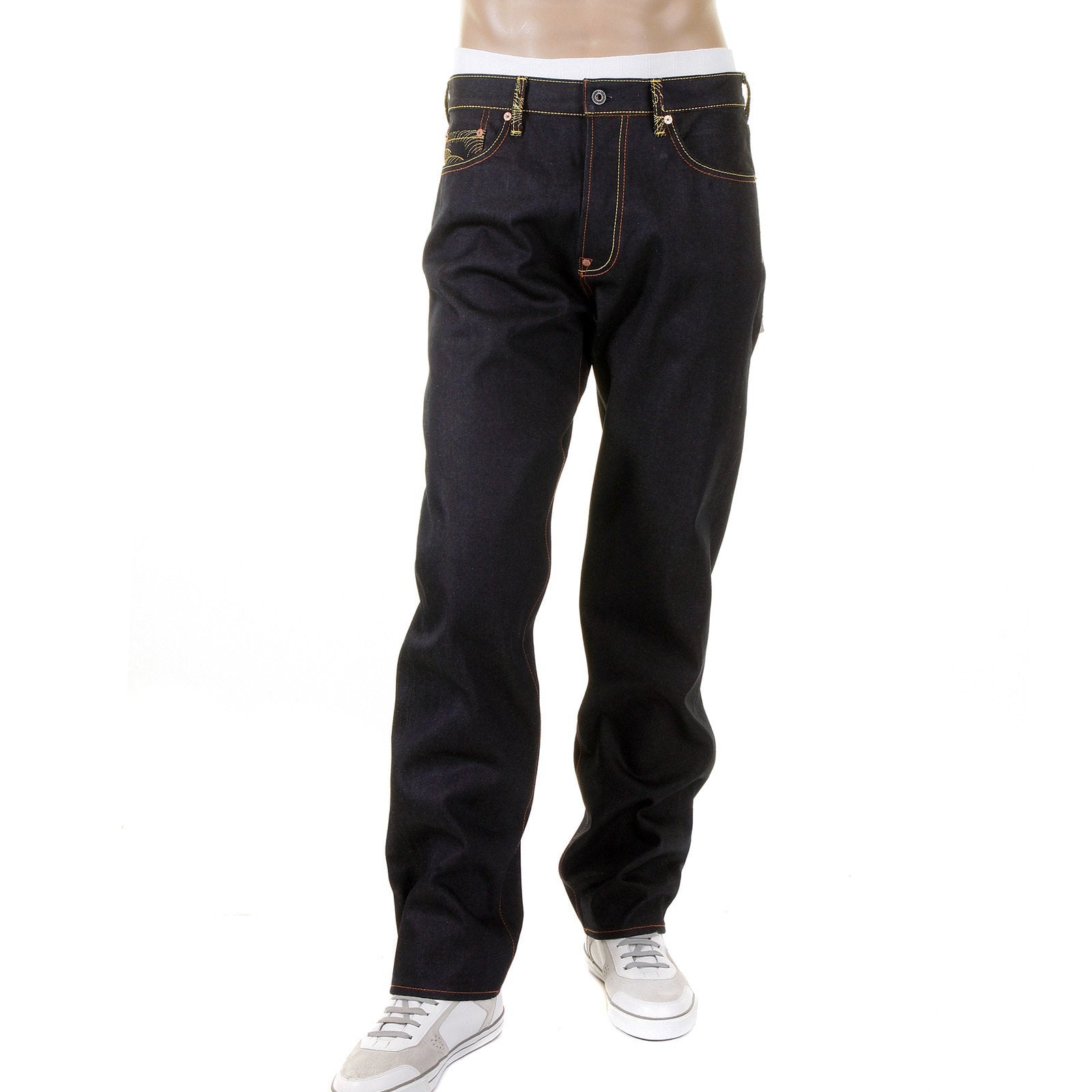 RMC JEANS SLIM FIT EMBROIDERED GENIUS HERO MOMOTARO2 DARK INDIGO RAW SELVEDGE DENIM JEANS FOR MEN REDM2702