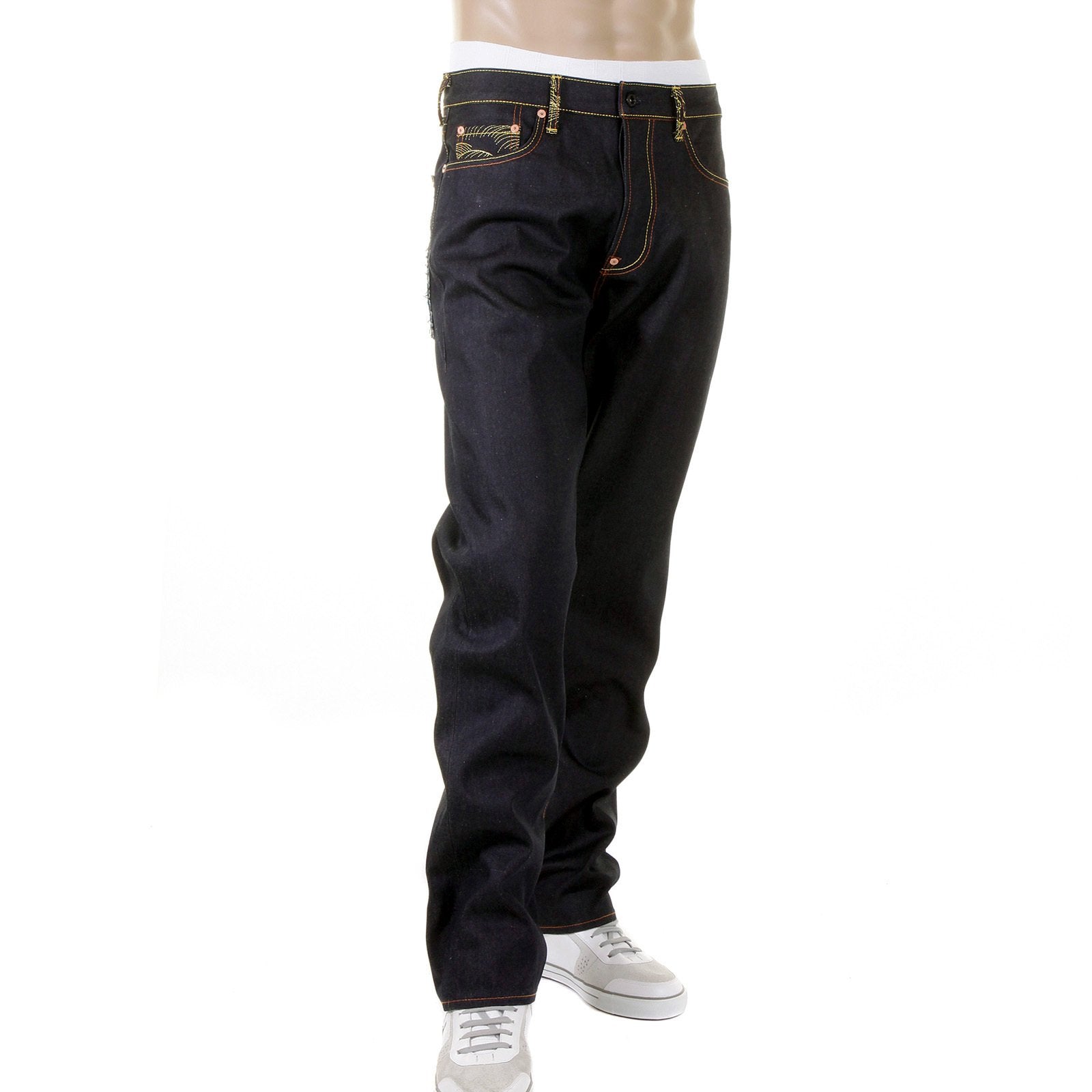 RMC JEANS SLIM FIT EMBROIDERED GENIUS HERO MOMOTARO2 DARK INDIGO RAW SELVEDGE DENIM JEANS FOR MEN REDM2702