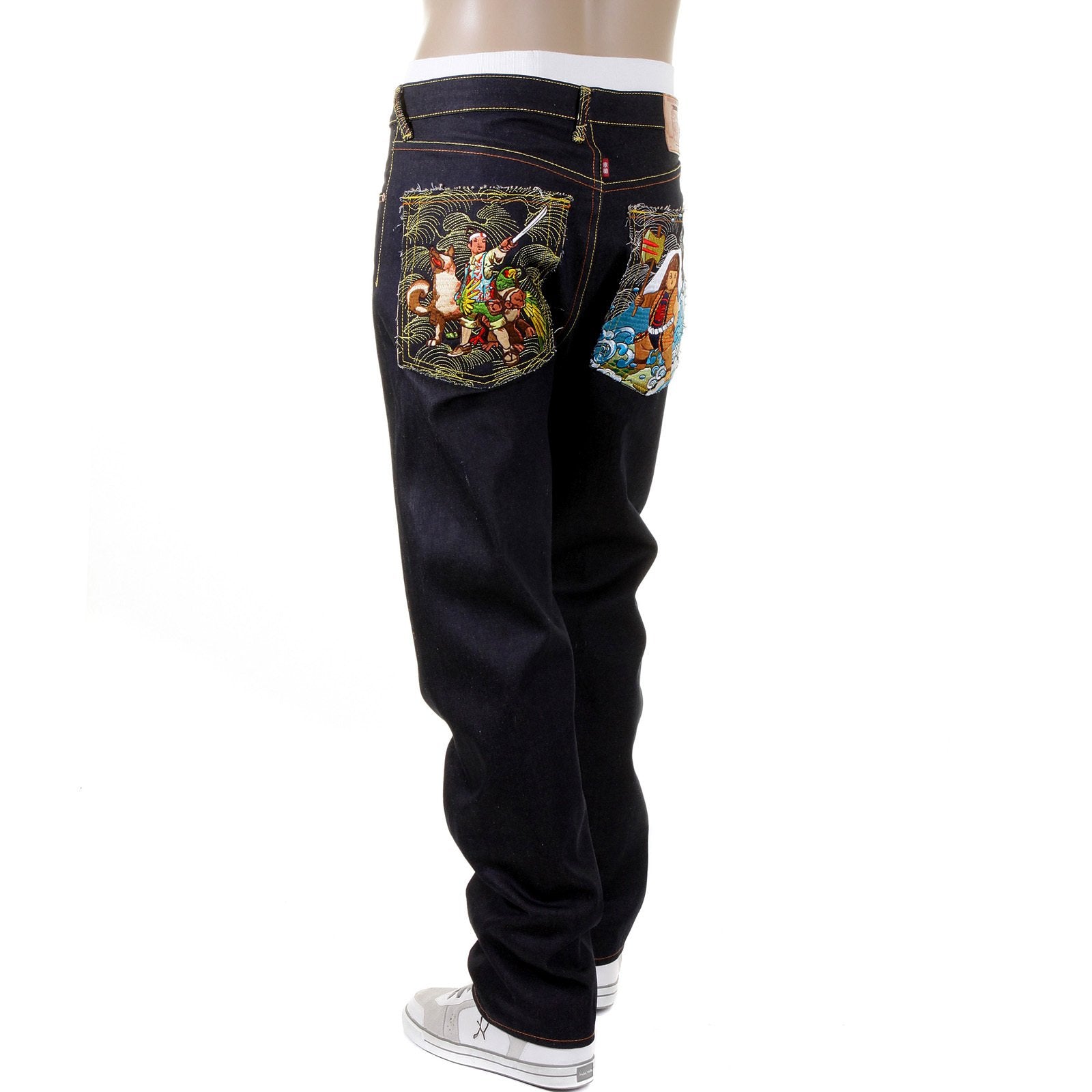 RMC JEANS SLIM FIT EMBROIDERED GENIUS HERO MOMOTARO2 DARK INDIGO RAW SELVEDGE DENIM JEANS FOR MEN REDM2702