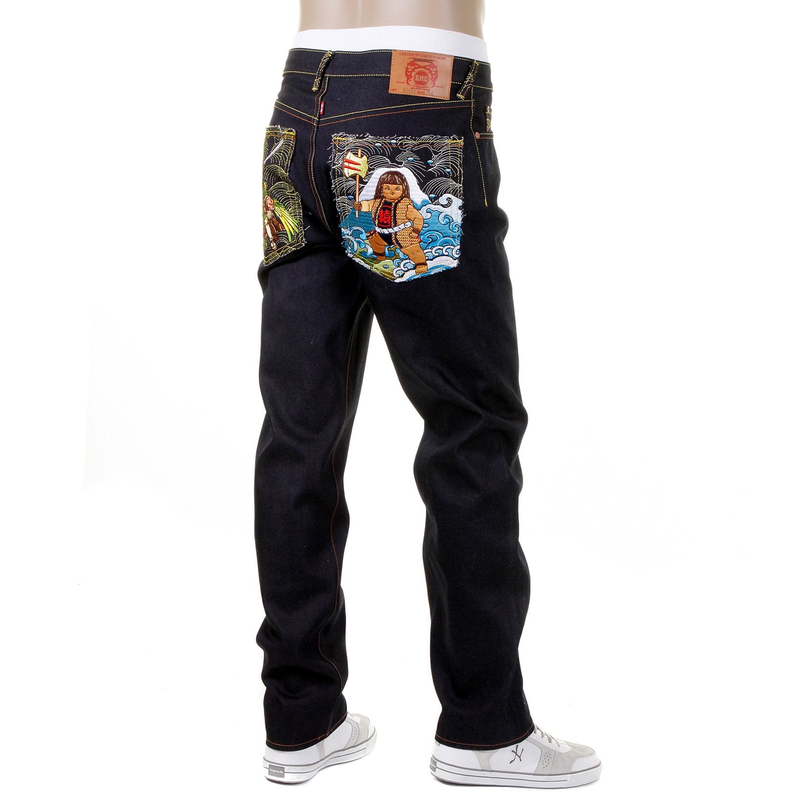 RMC JEANS SLIM FIT EMBROIDERED GENIUS HERO MOMOTARO2 DARK INDIGO RAW SELVEDGE DENIM JEANS FOR MEN REDM2702