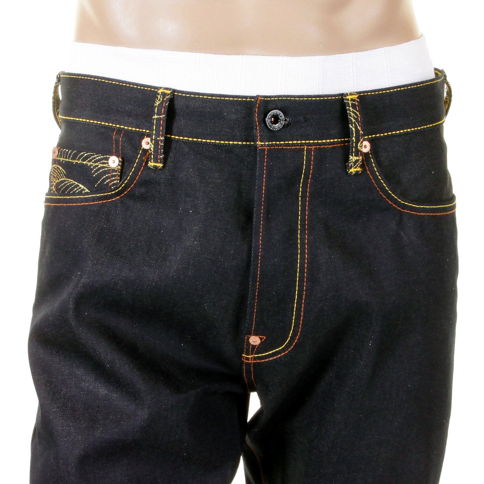 RMC JEANS SLIM FIT EMBROIDERED GENIUS HERO MOMOTARO2 DARK INDIGO RAW SELVEDGE DENIM JEANS FOR MEN REDM2702