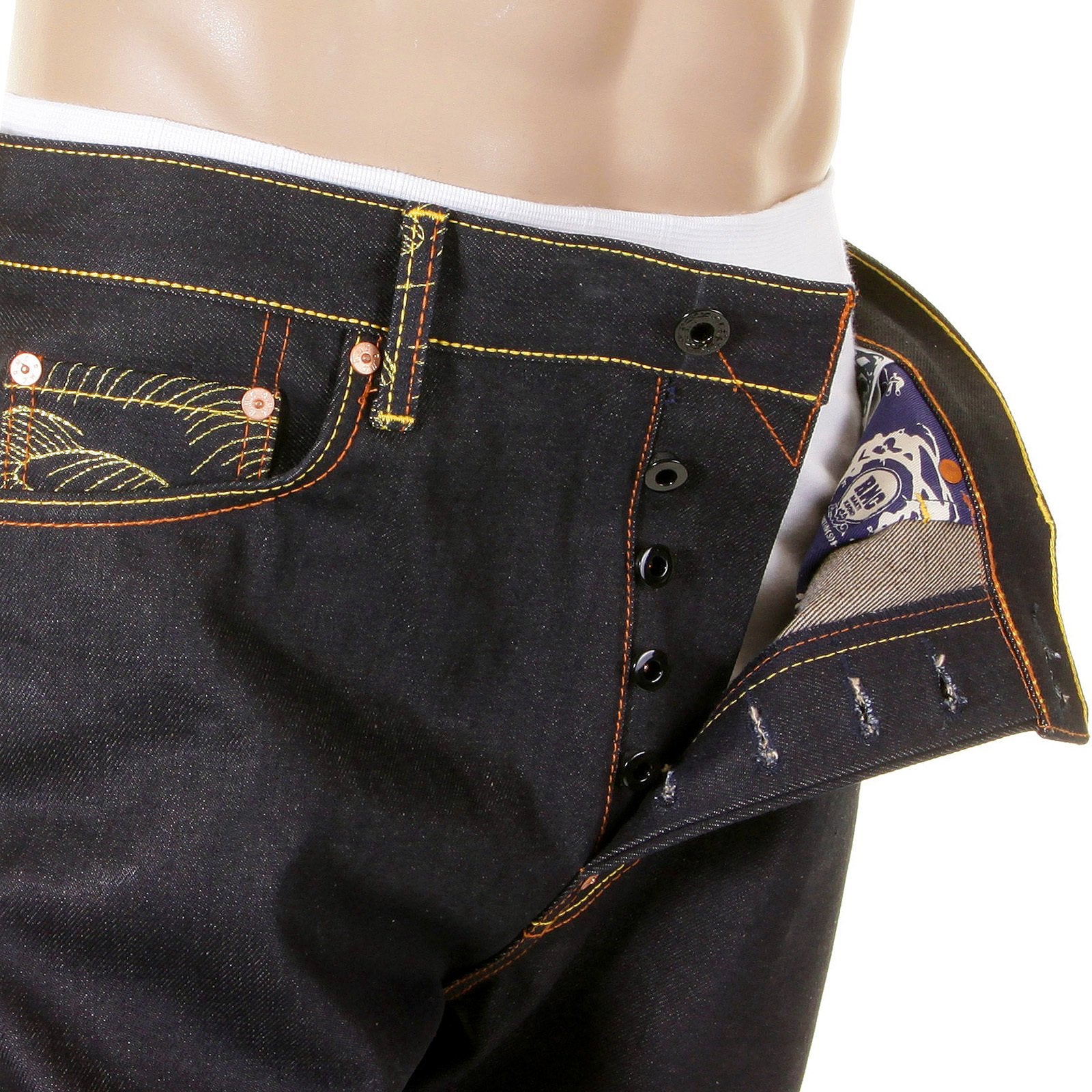 RMC JEANS SLIM FIT EMBROIDERED GENIUS HERO MOMOTARO2 DARK INDIGO RAW SELVEDGE DENIM JEANS FOR MEN REDM2702