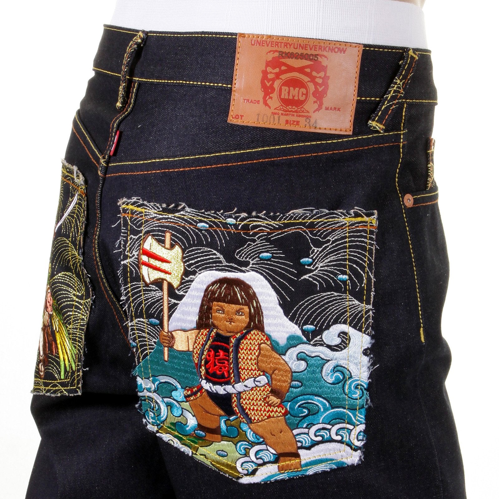 RMC JEANS SLIM FIT EMBROIDERED GENIUS HERO MOMOTARO2 DARK INDIGO RAW SELVEDGE DENIM JEANS FOR MEN REDM2702