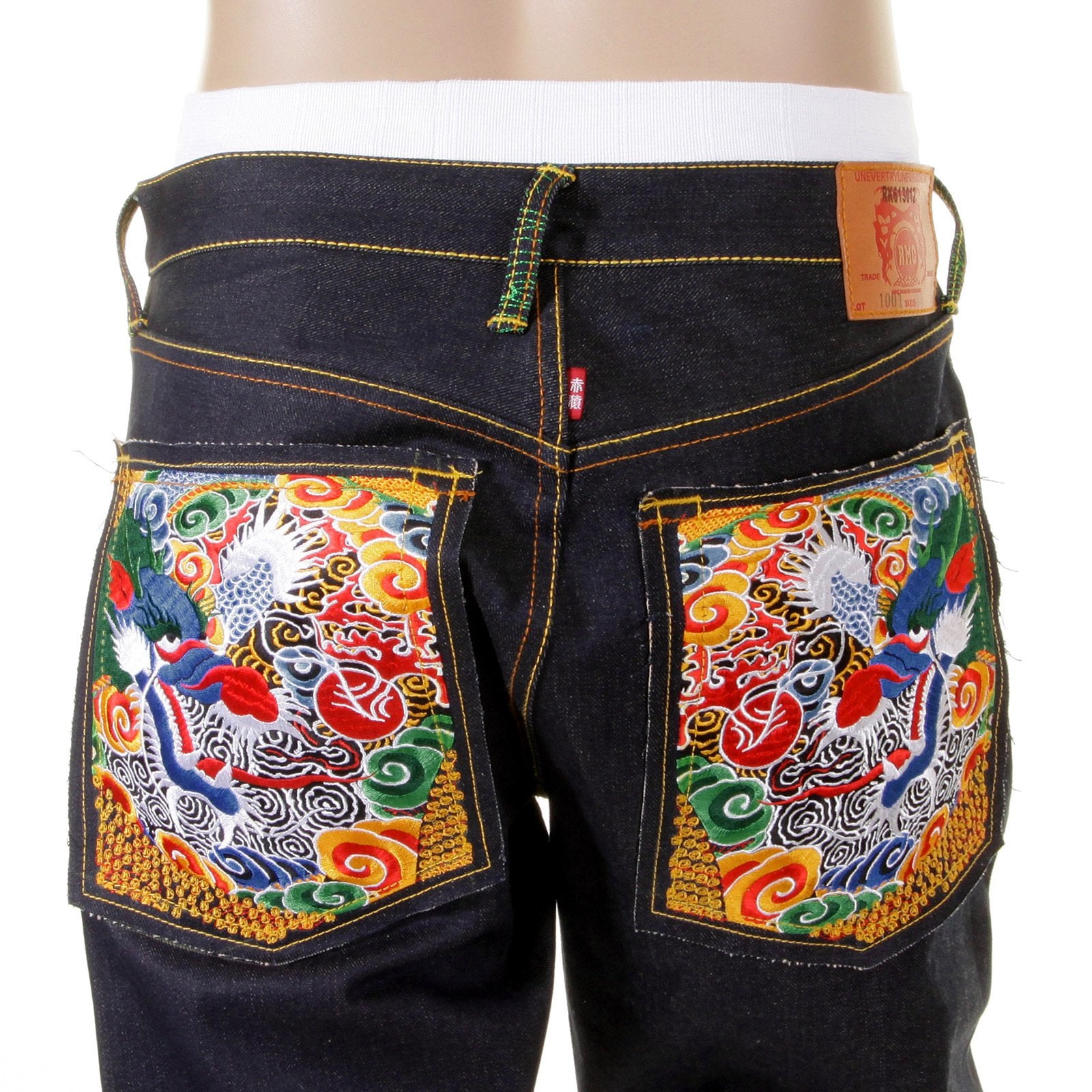 RMC JEANS DARK INDIGO SUPER EXCLUSIVE HOUSE SELVEDGE RAW DENIM JEANS WITH EMPIRE DRAGON EMBROIDERY REDM0005