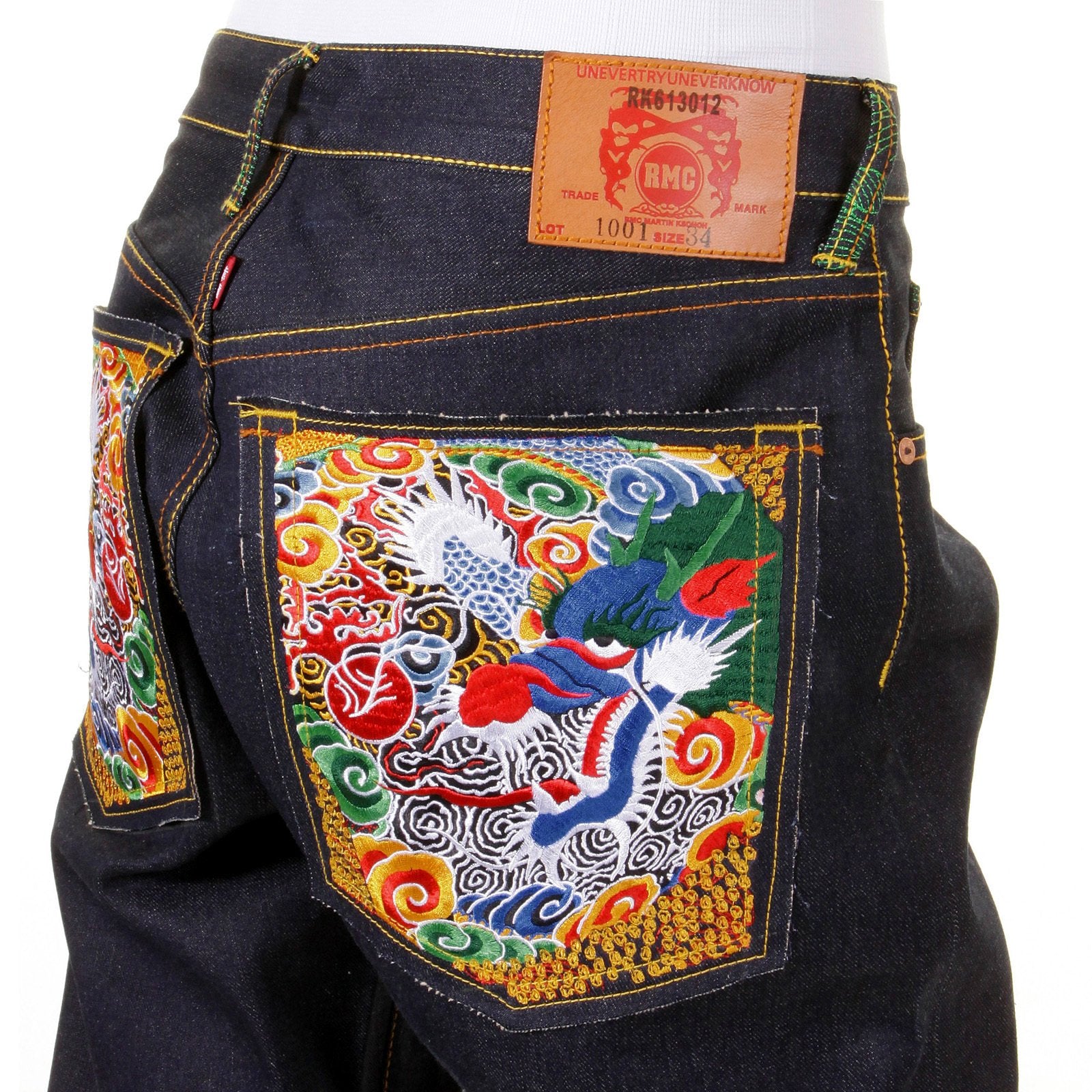 RMC JEANS DARK INDIGO SUPER EXCLUSIVE HOUSE SELVEDGE RAW DENIM JEANS WITH EMPIRE DRAGON EMBROIDERY REDM0005