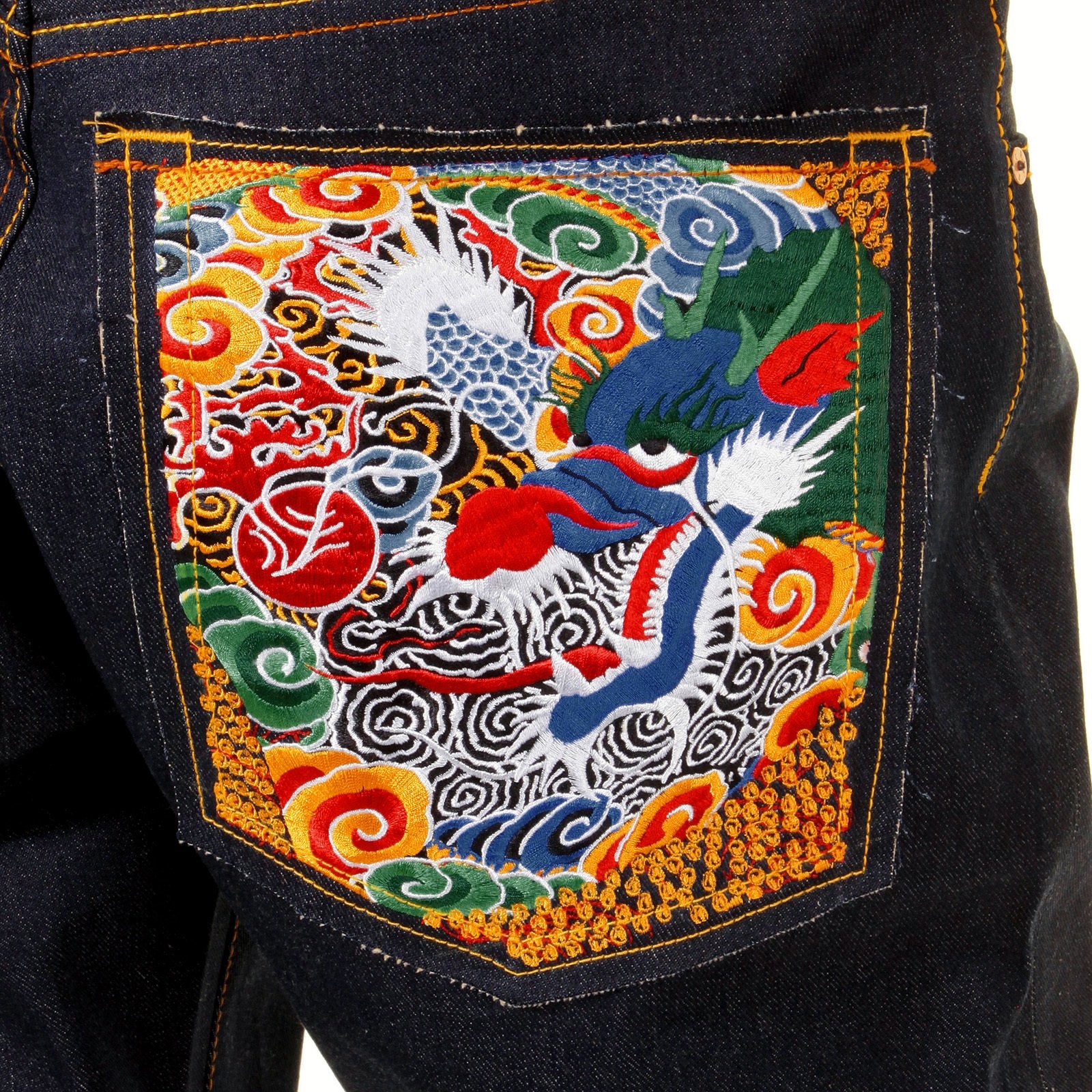 RMC JEANS DARK INDIGO SUPER EXCLUSIVE HOUSE SELVEDGE RAW DENIM JEANS WITH EMPIRE DRAGON EMBROIDERY REDM0005
