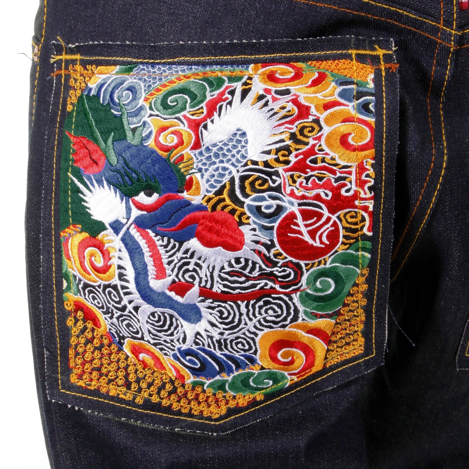 RMC JEANS DARK INDIGO SUPER EXCLUSIVE HOUSE SELVEDGE RAW DENIM JEANS WITH EMPIRE DRAGON EMBROIDERY REDM0005
