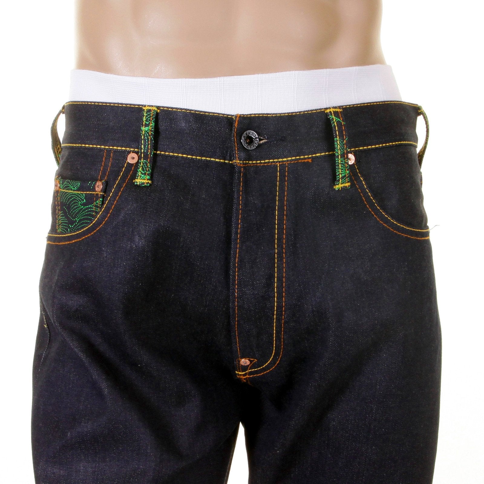 RMC JEANS DARK INDIGO SUPER EXCLUSIVE HOUSE SELVEDGE RAW DENIM JEANS WITH EMPIRE DRAGON EMBROIDERY REDM0005