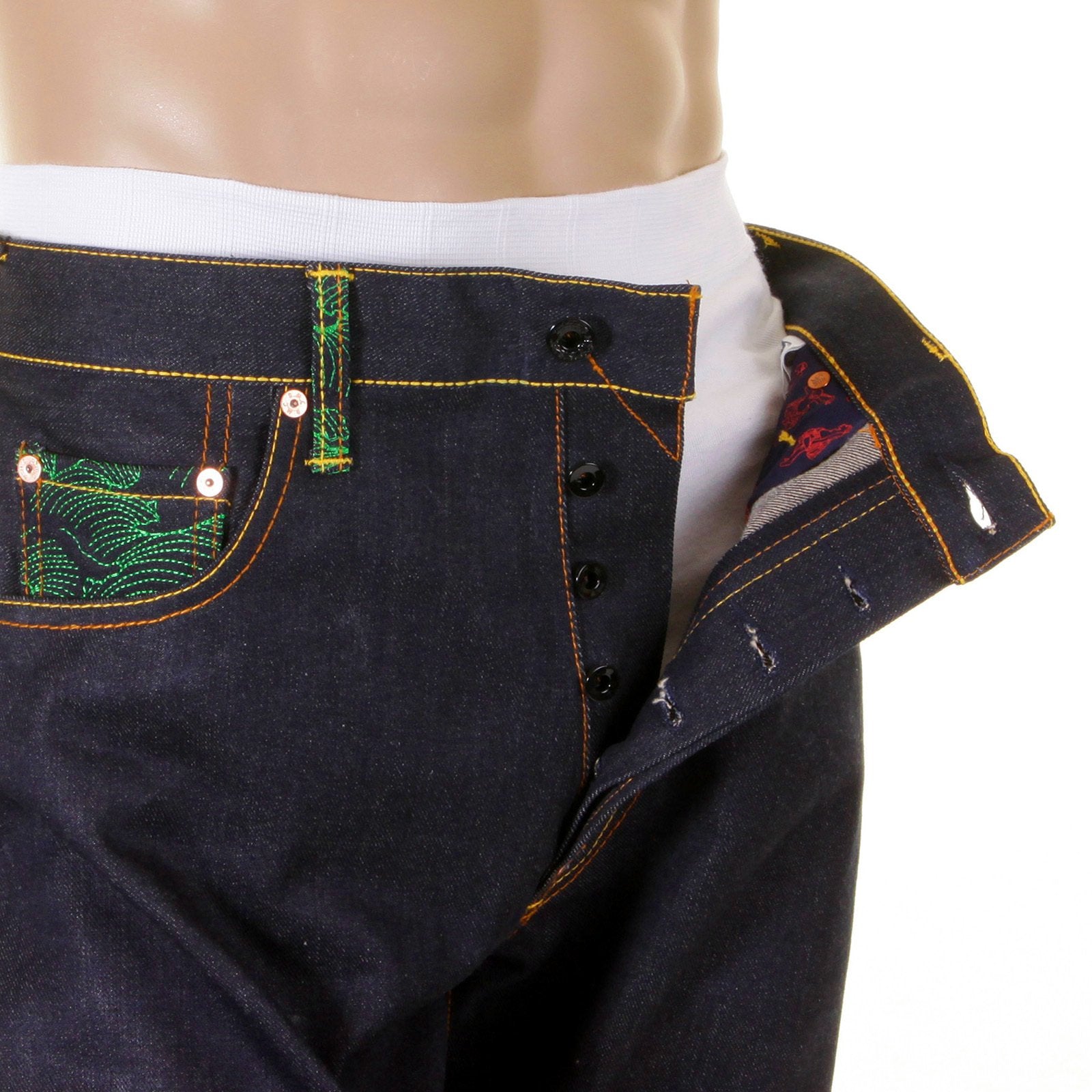 RMC JEANS DARK INDIGO SUPER EXCLUSIVE HOUSE SELVEDGE RAW DENIM JEANS WITH EMPIRE DRAGON EMBROIDERY REDM0005