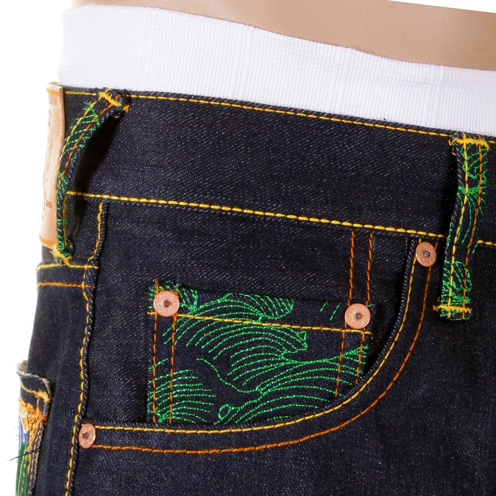 RMC JEANS DARK INDIGO SUPER EXCLUSIVE HOUSE SELVEDGE RAW DENIM JEANS WITH EMPIRE DRAGON EMBROIDERY REDM0005