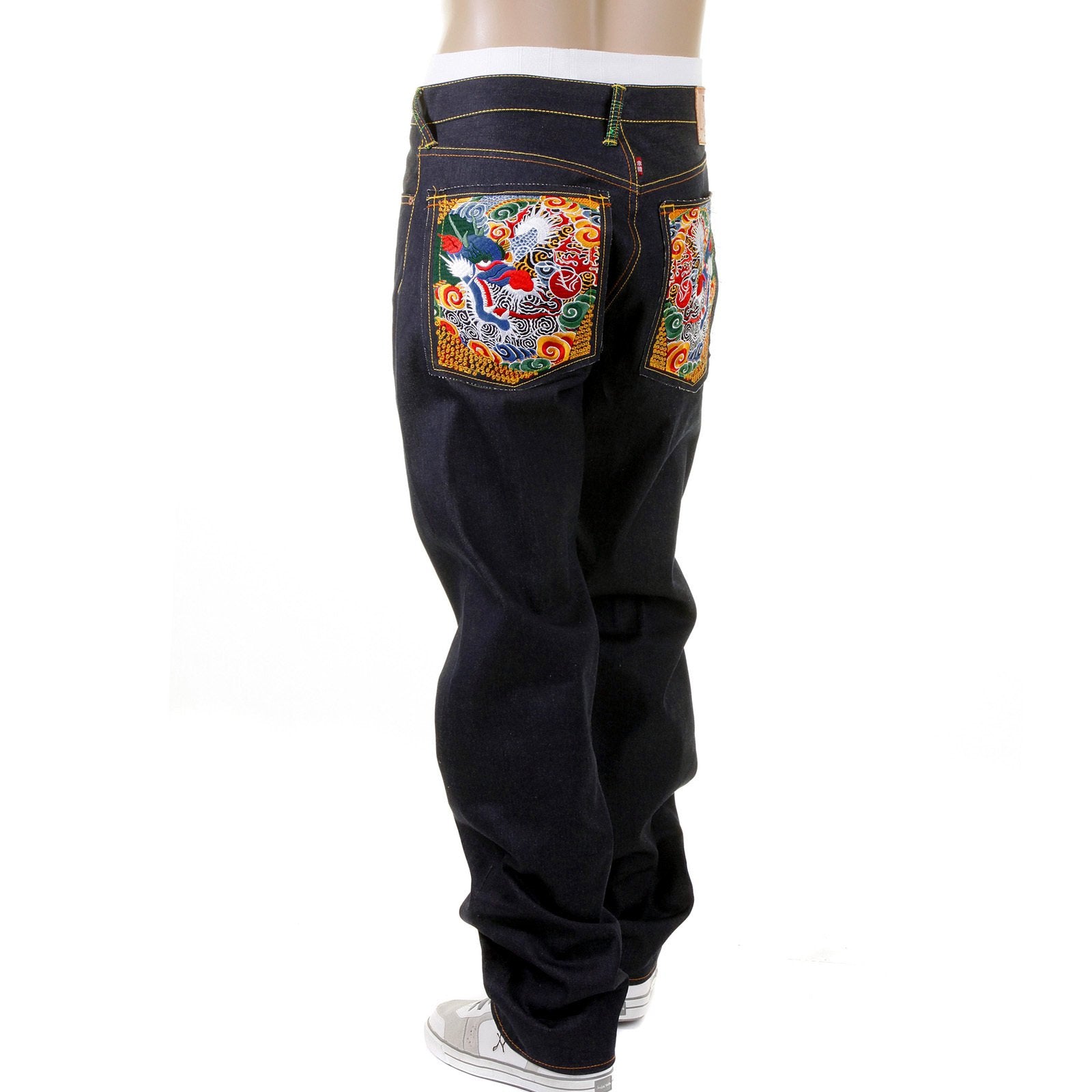 RMC JEANS DARK INDIGO SUPER EXCLUSIVE HOUSE SELVEDGE RAW DENIM JEANS WITH EMPIRE DRAGON EMBROIDERY REDM0005
