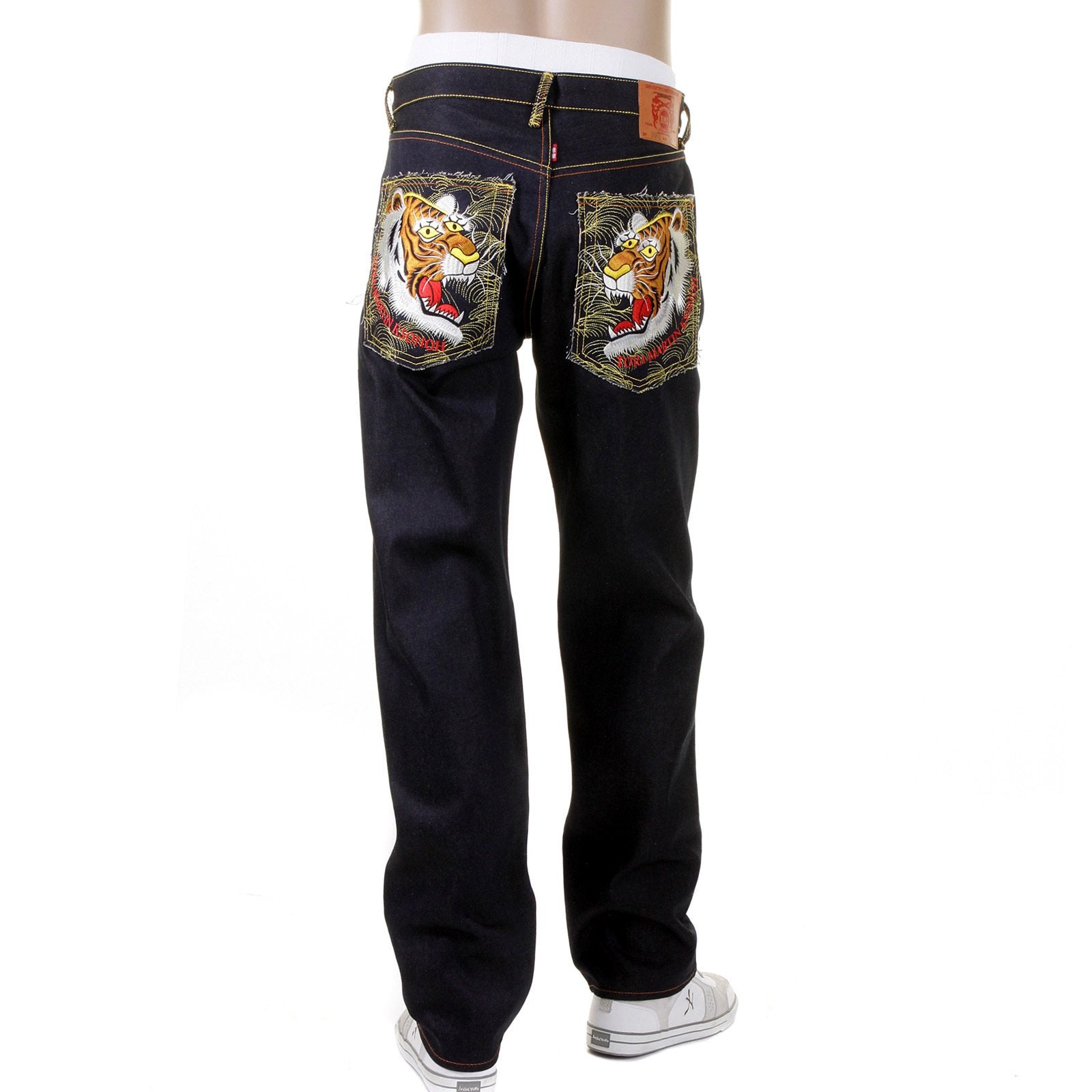 RMC MARTIN KSOHOH EMBROIDERED VINTAGE TIGER FACE SLIMMER CUT 1001 MODEL DARK INDIGO RAW DENIM JEANS REDM2697