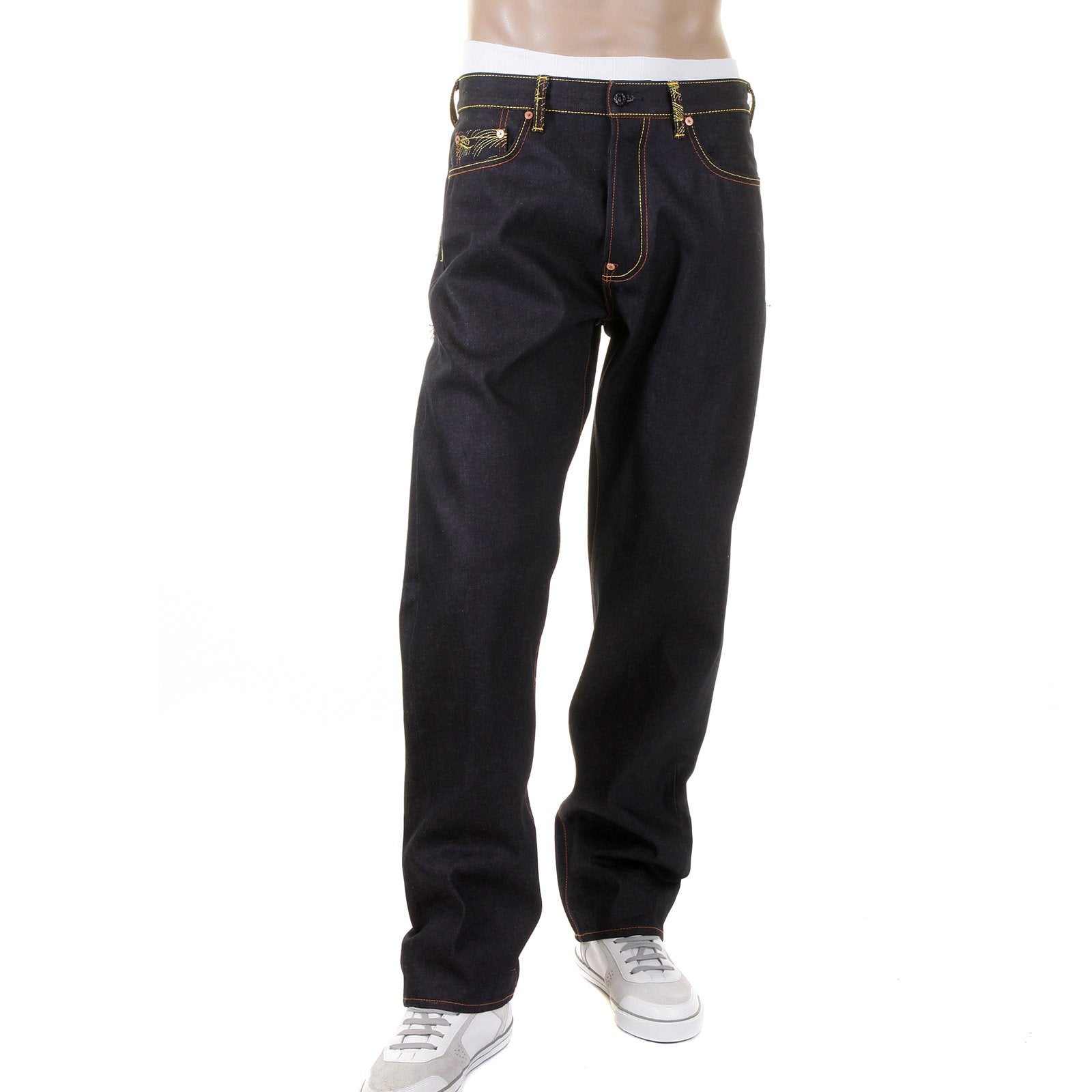 RMC MARTIN KSOHOH EMBROIDERED VINTAGE TIGER FACE SLIMMER CUT 1001 MODEL DARK INDIGO RAW DENIM JEANS REDM2697