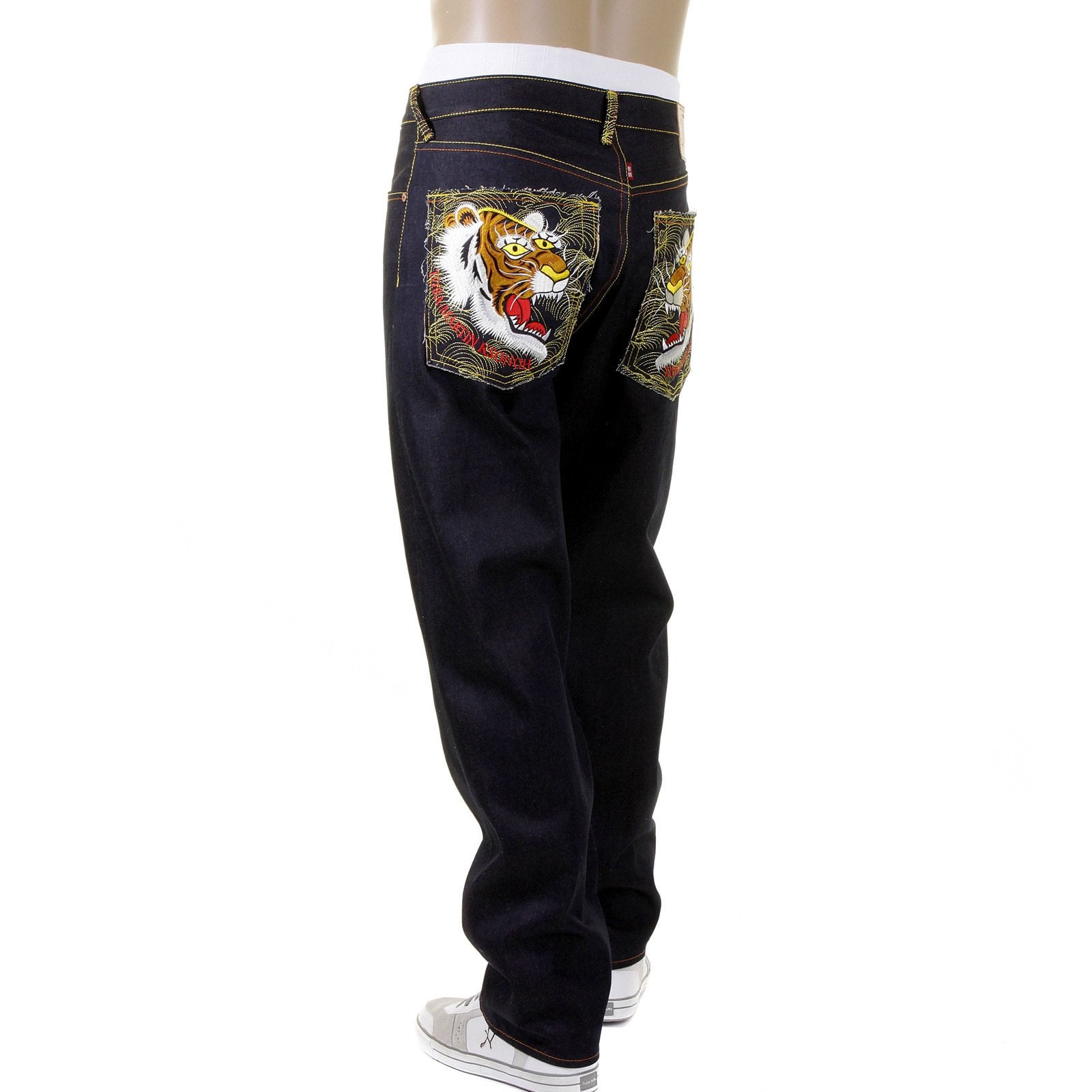 RMC MARTIN KSOHOH EMBROIDERED VINTAGE TIGER FACE SLIMMER CUT 1001 MODEL DARK INDIGO RAW DENIM JEANS REDM2697