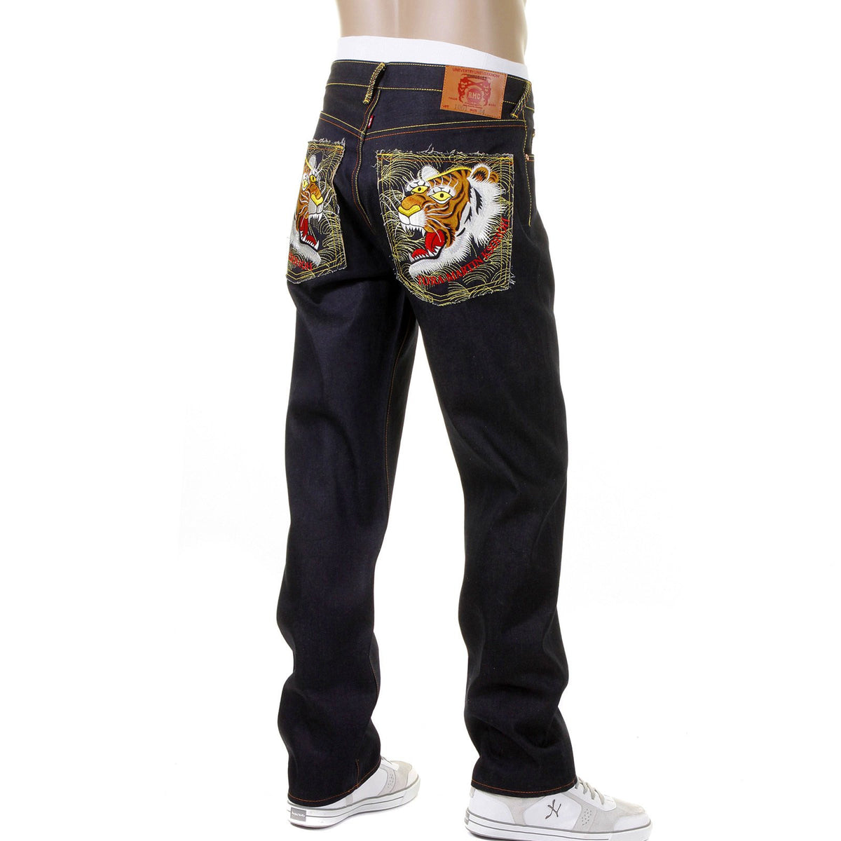 RMC MARTIN KSOHOH EMBROIDERED VINTAGE TIGER FACE SLIMMER CUT 1001 MODEL DARK INDIGO RAW DENIM JEANS REDM2697