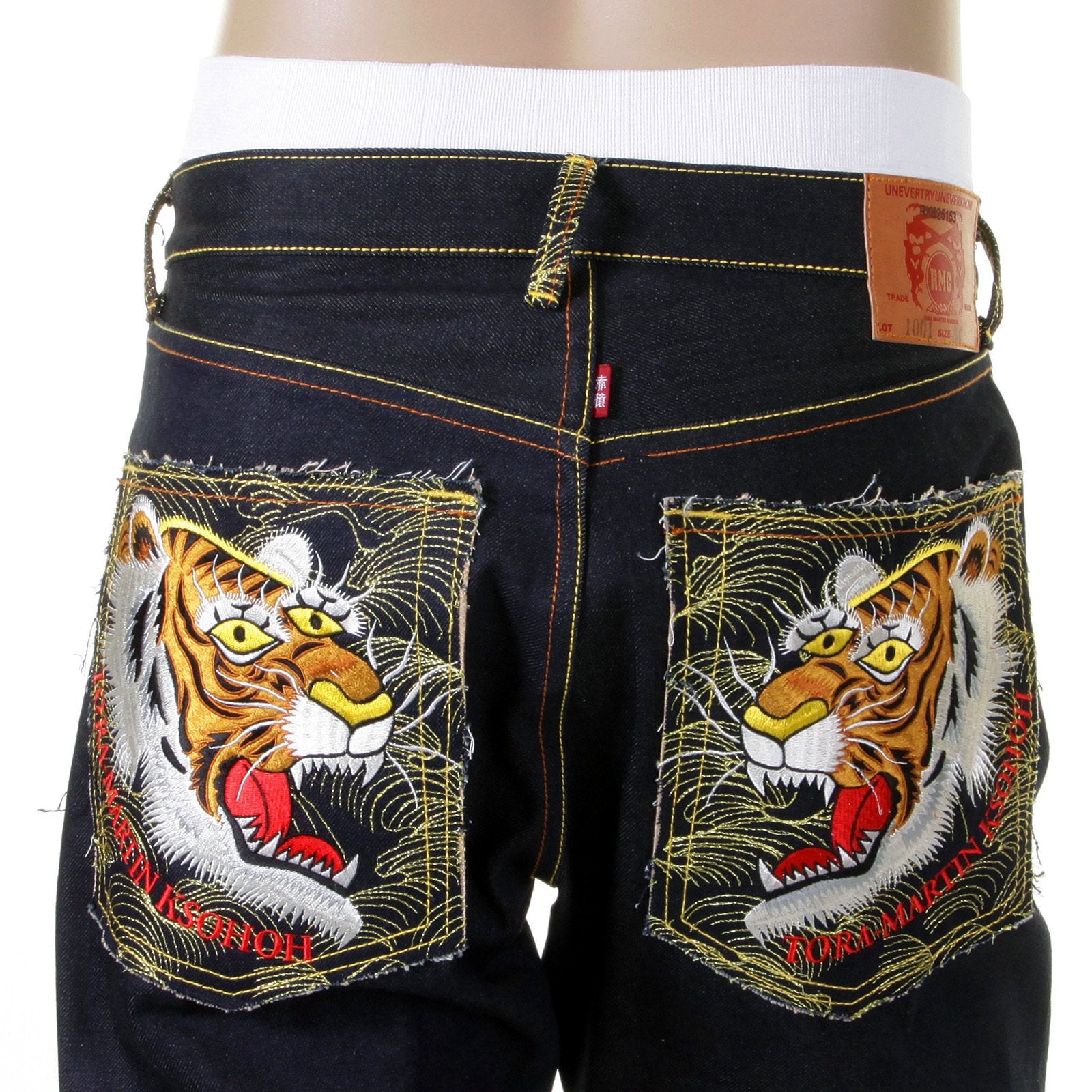 RMC MARTIN KSOHOH EMBROIDERED VINTAGE TIGER FACE SLIMMER CUT 1001 MODEL DARK INDIGO RAW DENIM JEANS REDM2697