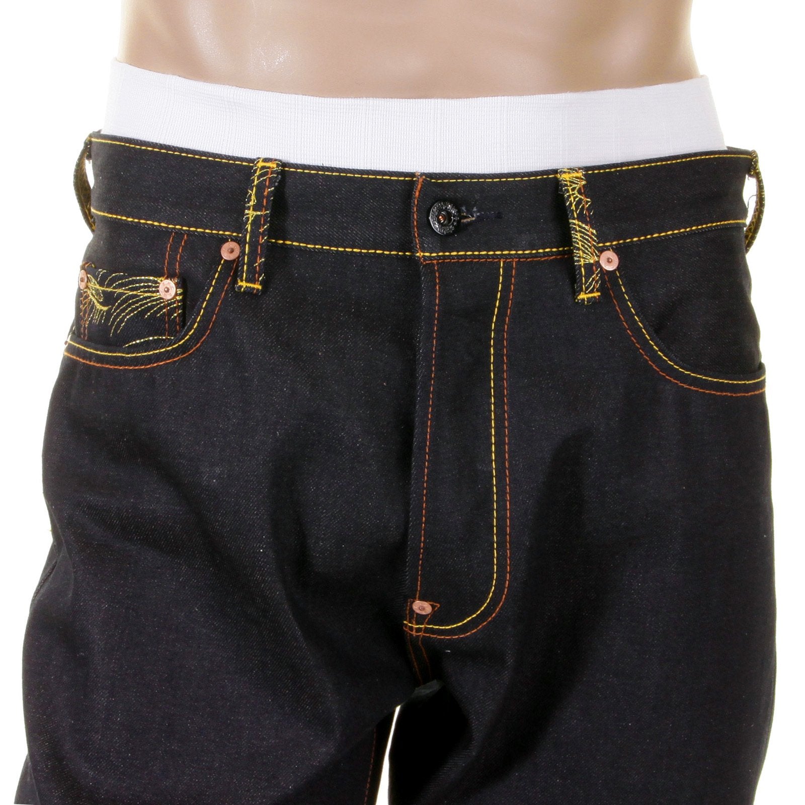 RMC MARTIN KSOHOH EMBROIDERED VINTAGE TIGER FACE SLIMMER CUT 1001 MODEL DARK INDIGO RAW DENIM JEANS REDM2697