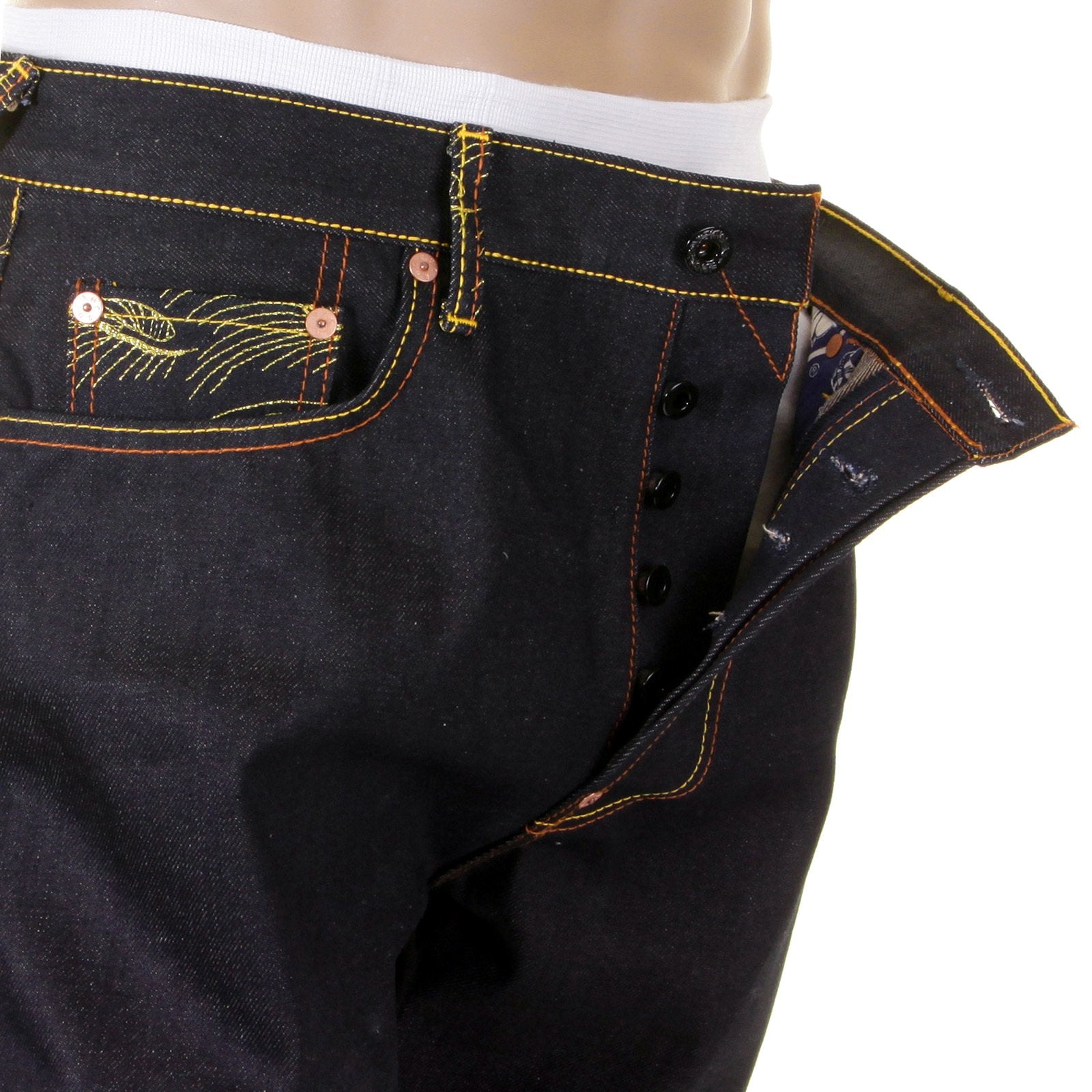 RMC MARTIN KSOHOH EMBROIDERED VINTAGE TIGER FACE SLIMMER CUT 1001 MODEL DARK INDIGO RAW DENIM JEANS REDM2697