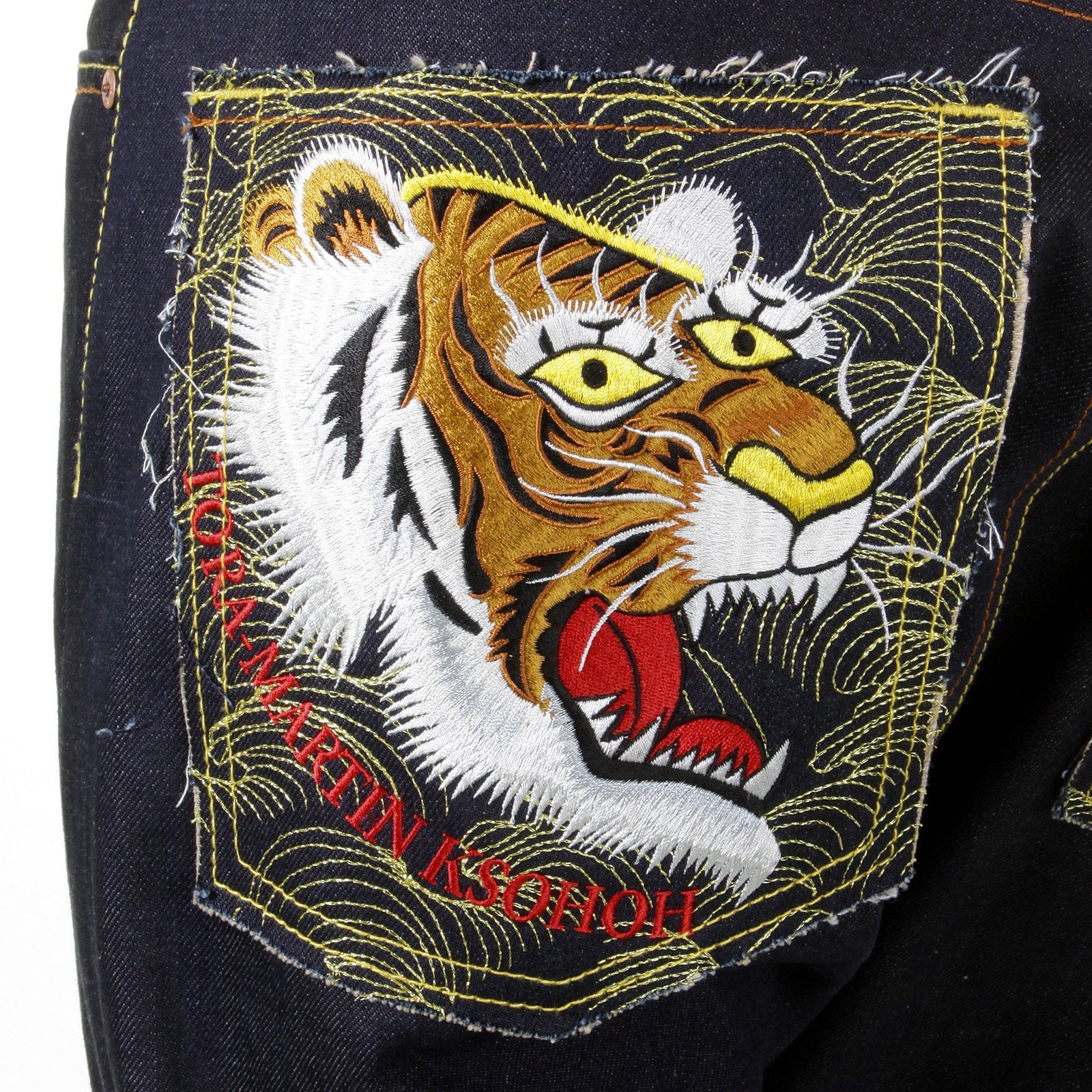 RMC MARTIN KSOHOH EMBROIDERED VINTAGE TIGER FACE SLIMMER CUT 1001 MODEL DARK INDIGO RAW DENIM JEANS REDM2697