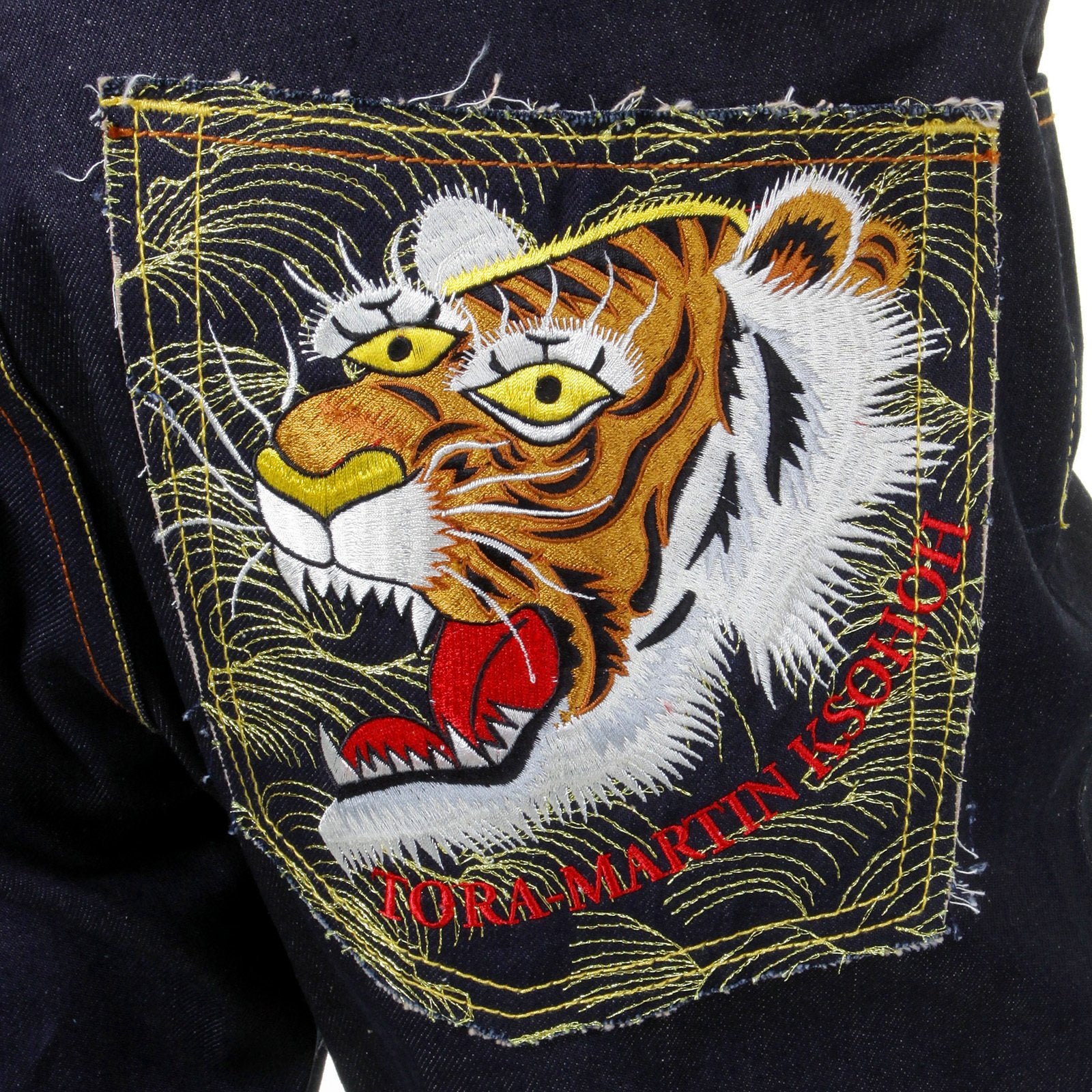 RMC MARTIN KSOHOH EMBROIDERED VINTAGE TIGER FACE SLIMMER CUT 1001 MODEL DARK INDIGO RAW DENIM JEANS REDM2697