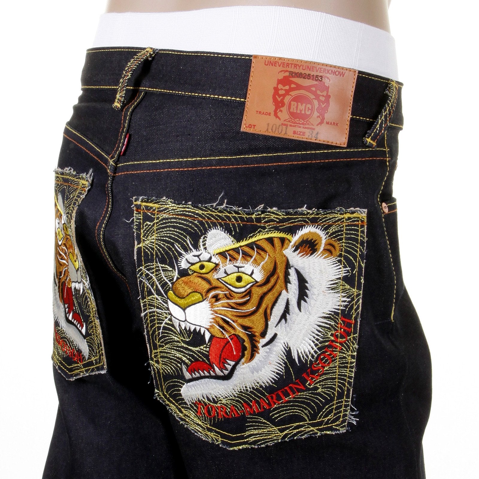 RMC MARTIN KSOHOH EMBROIDERED VINTAGE TIGER FACE SLIMMER CUT 1001 MODEL DARK INDIGO RAW DENIM JEANS REDM2697
