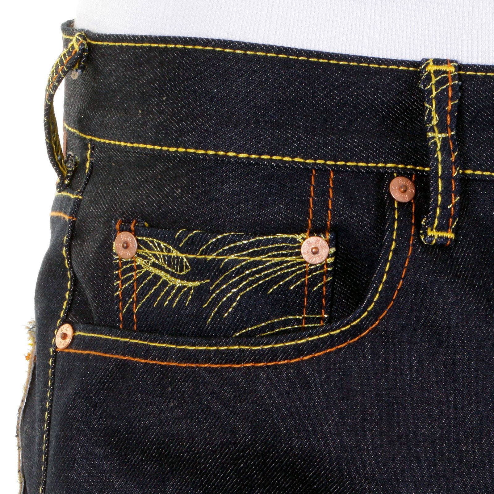 RMC MARTIN KSOHOH EMBROIDERED VINTAGE TIGER FACE SLIMMER CUT 1001 MODEL DARK INDIGO RAW DENIM JEANS REDM2697