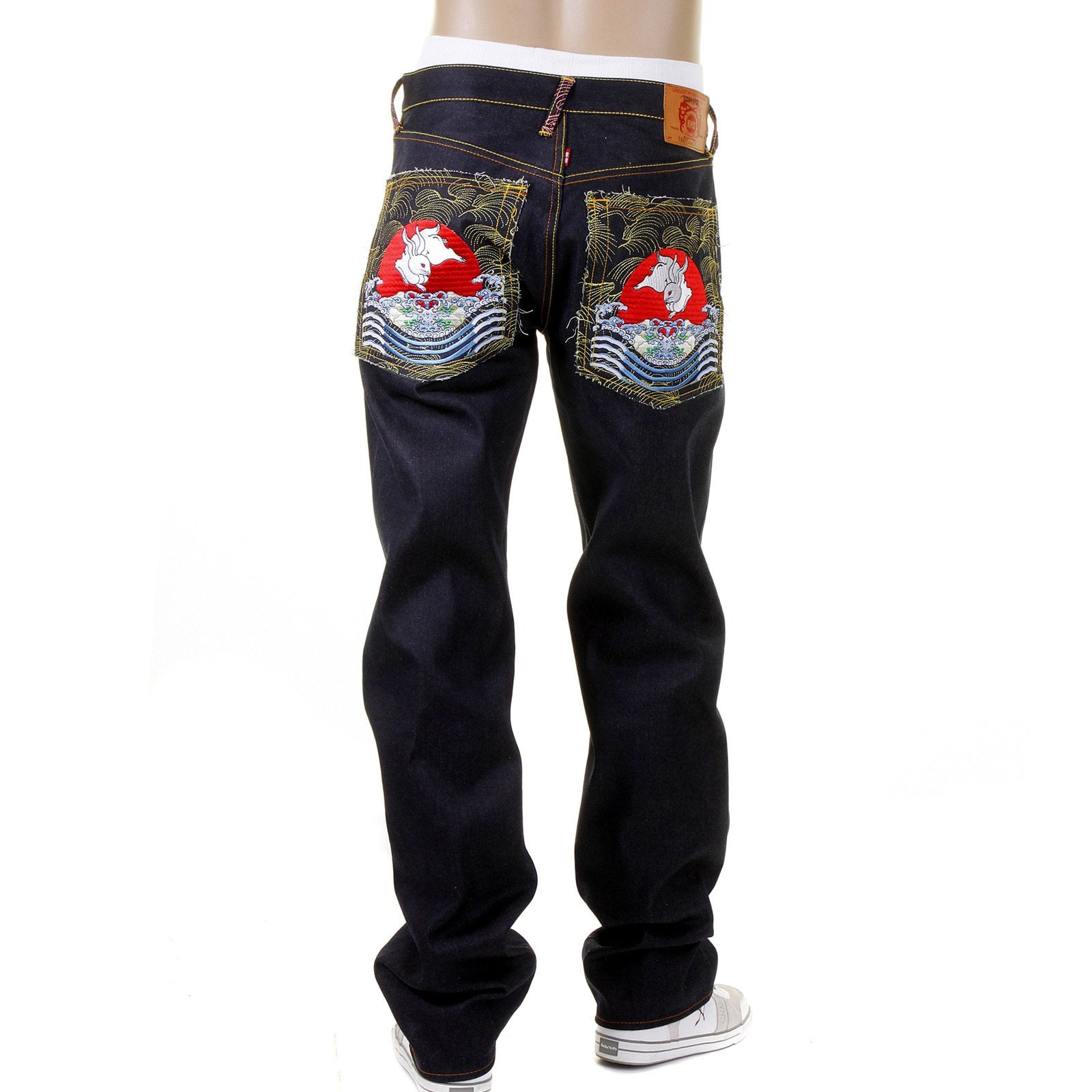 RMC MARTIN KSOHOH 1001 SLIMMER CUT MENS COTTON DARK INDIGO RAW DENIM JEANS WITH MAGIC RABBIT EMBROIDERY REDM0004