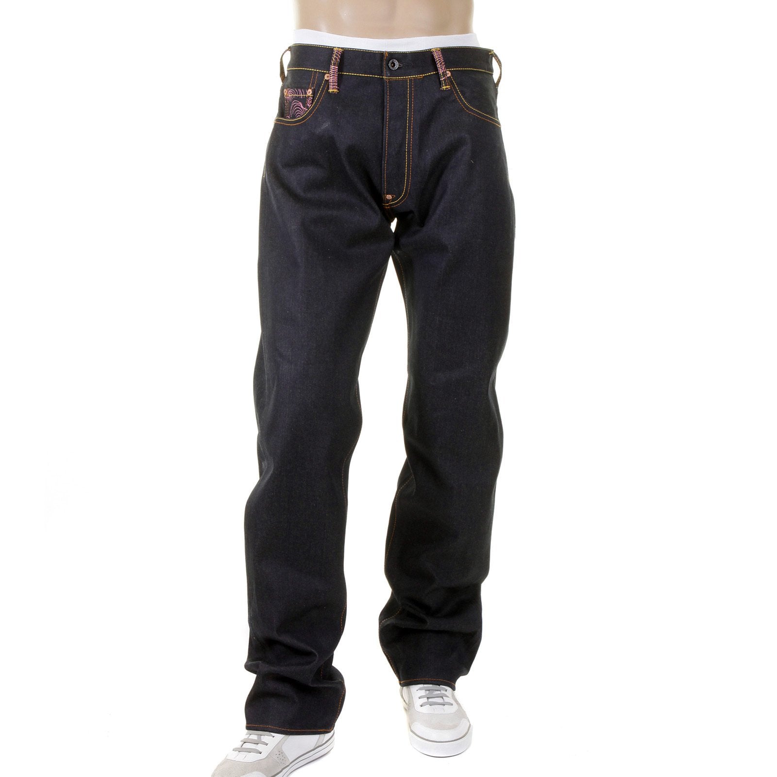 RMC MARTIN KSOHOH 1001 SLIMMER CUT MENS COTTON DARK INDIGO RAW DENIM JEANS WITH MAGIC RABBIT EMBROIDERY REDM0004