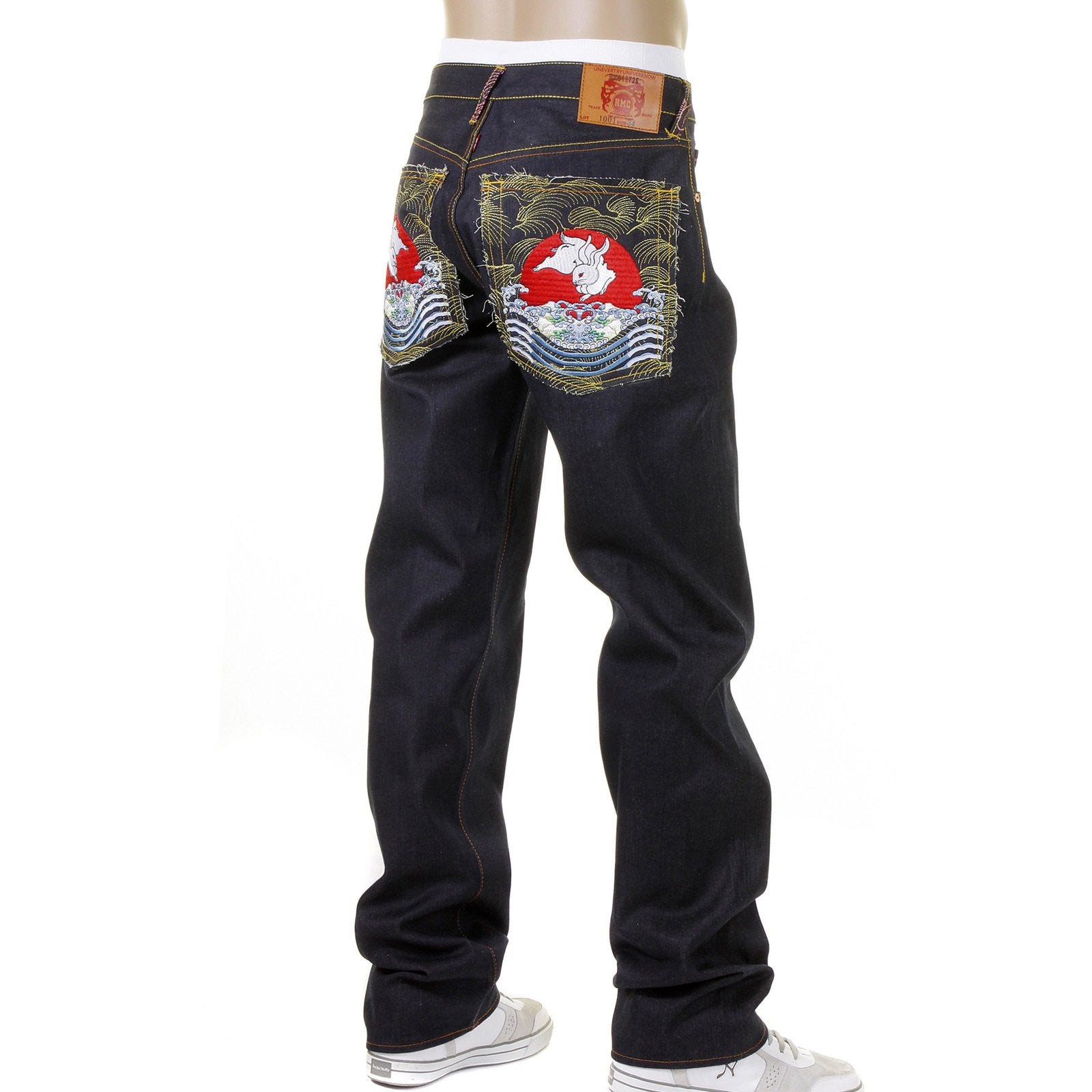 RMC MARTIN KSOHOH 1001 SLIMMER CUT MENS COTTON DARK INDIGO RAW DENIM JEANS WITH MAGIC RABBIT EMBROIDERY REDM0004