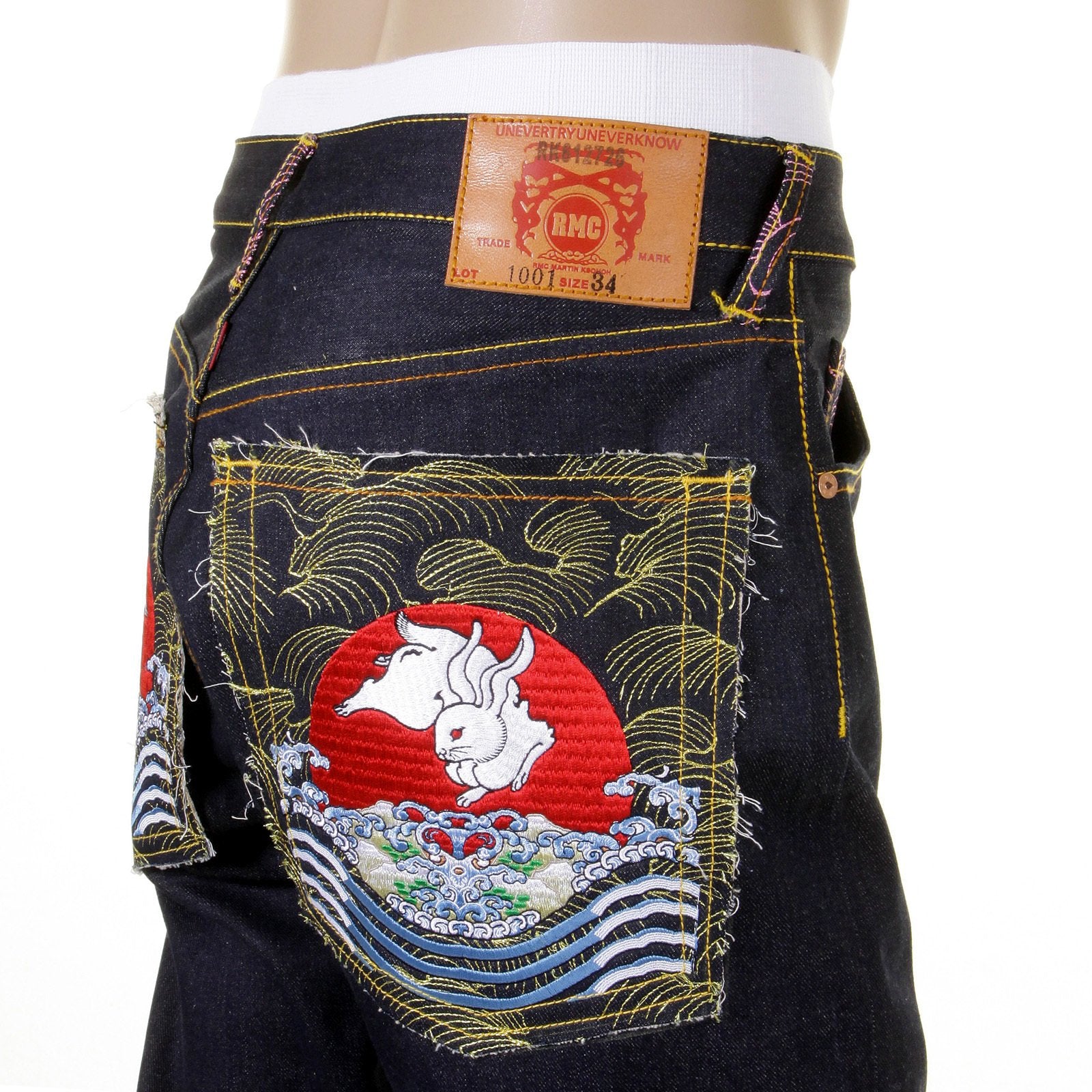 RMC MARTIN KSOHOH 1001 SLIMMER CUT MENS COTTON DARK INDIGO RAW DENIM JEANS WITH MAGIC RABBIT EMBROIDERY REDM0004