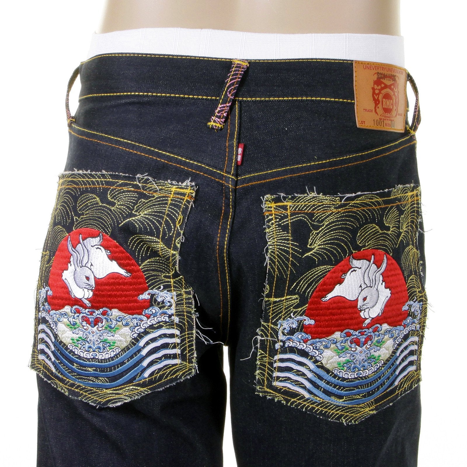 RMC MARTIN KSOHOH 1001 SLIMMER CUT MENS COTTON DARK INDIGO RAW DENIM JEANS WITH MAGIC RABBIT EMBROIDERY REDM0004