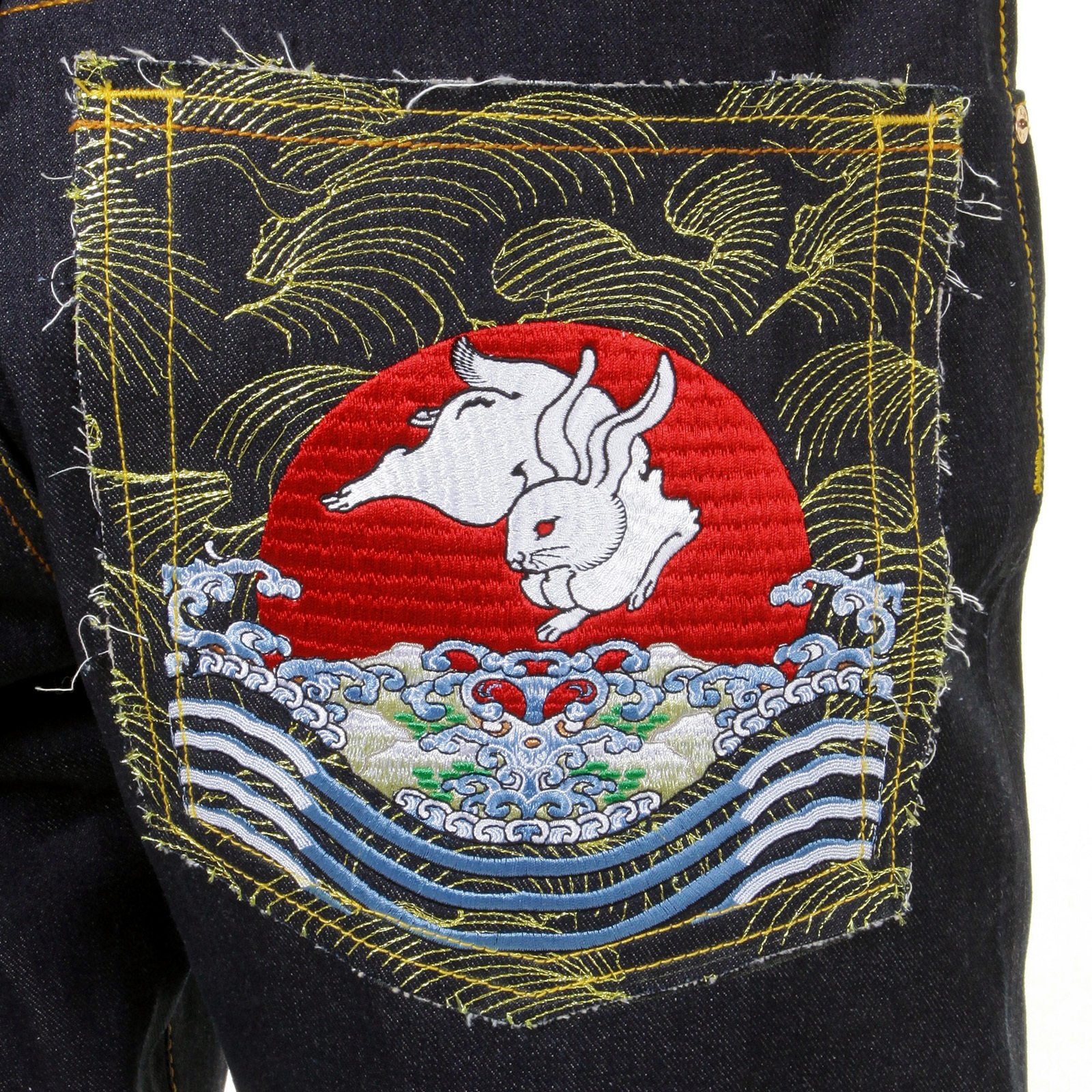 RMC MARTIN KSOHOH 1001 SLIMMER CUT MENS COTTON DARK INDIGO RAW DENIM JEANS WITH MAGIC RABBIT EMBROIDERY REDM0004