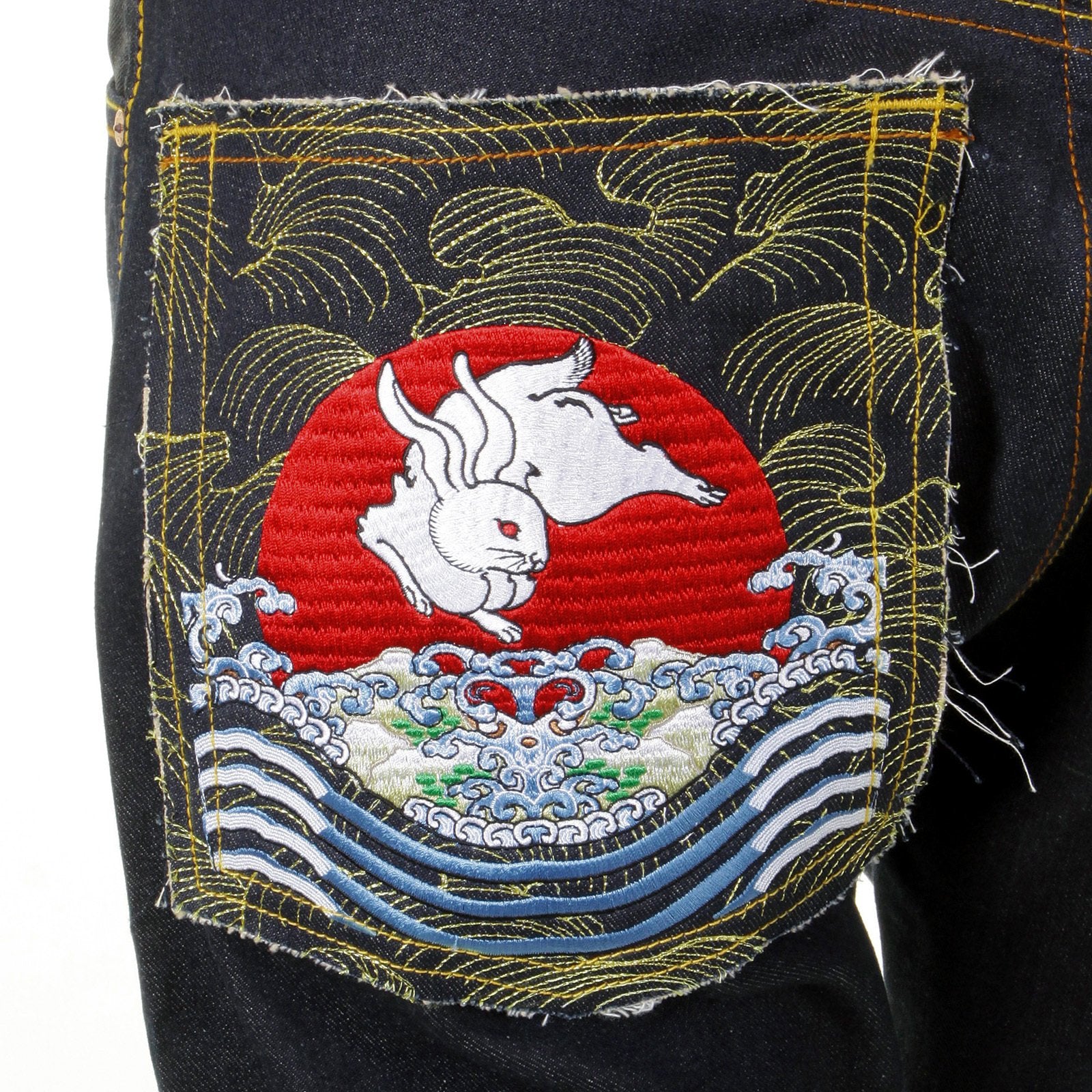 RMC MARTIN KSOHOH 1001 SLIMMER CUT MENS COTTON DARK INDIGO RAW DENIM JEANS WITH MAGIC RABBIT EMBROIDERY REDM0004