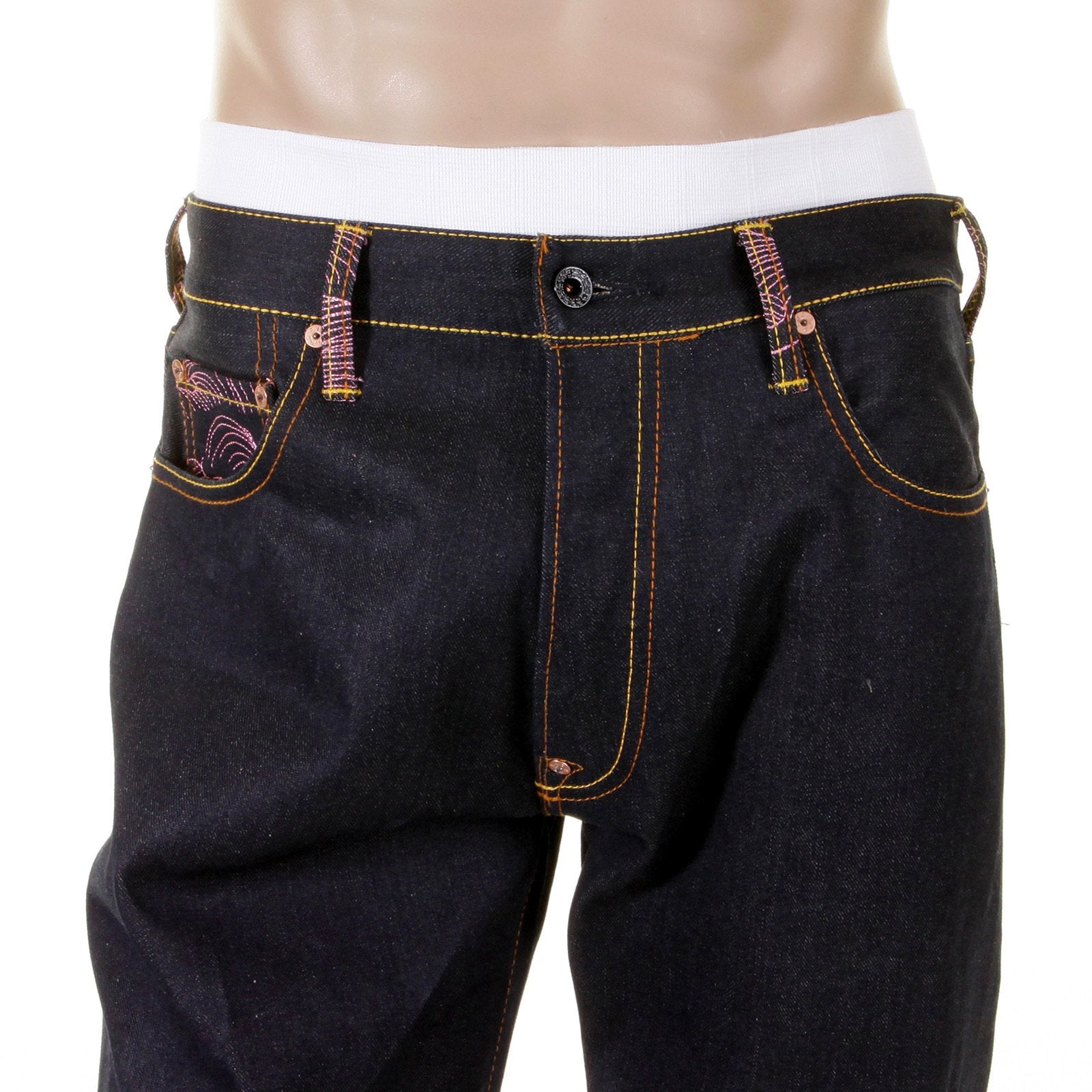 RMC MARTIN KSOHOH 1001 SLIMMER CUT MENS COTTON DARK INDIGO RAW DENIM JEANS WITH MAGIC RABBIT EMBROIDERY REDM0004