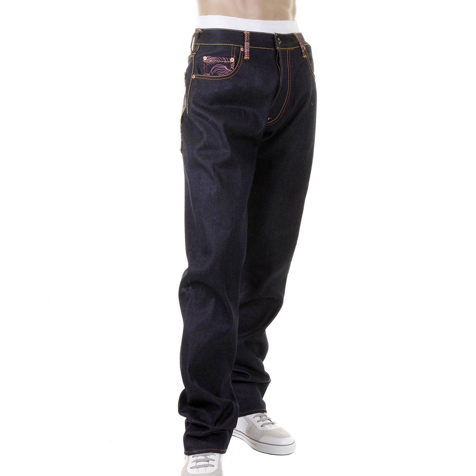 RMC MARTIN KSOHOH 1001 SLIMMER CUT MENS COTTON DARK INDIGO RAW DENIM JEANS WITH MAGIC RABBIT EMBROIDERY REDM0004