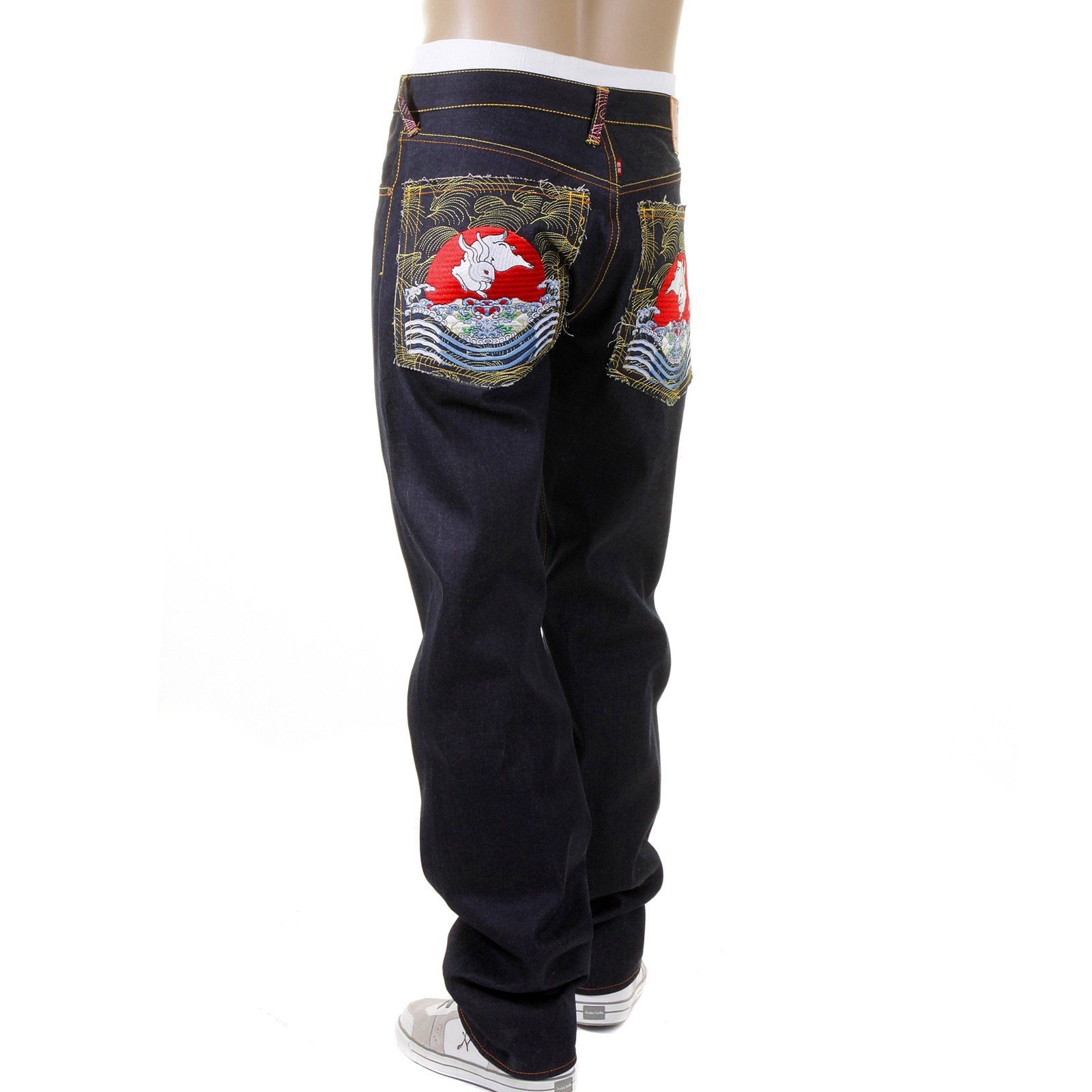 RMC MARTIN KSOHOH 1001 SLIMMER CUT MENS COTTON DARK INDIGO RAW DENIM JEANS WITH MAGIC RABBIT EMBROIDERY REDM0004