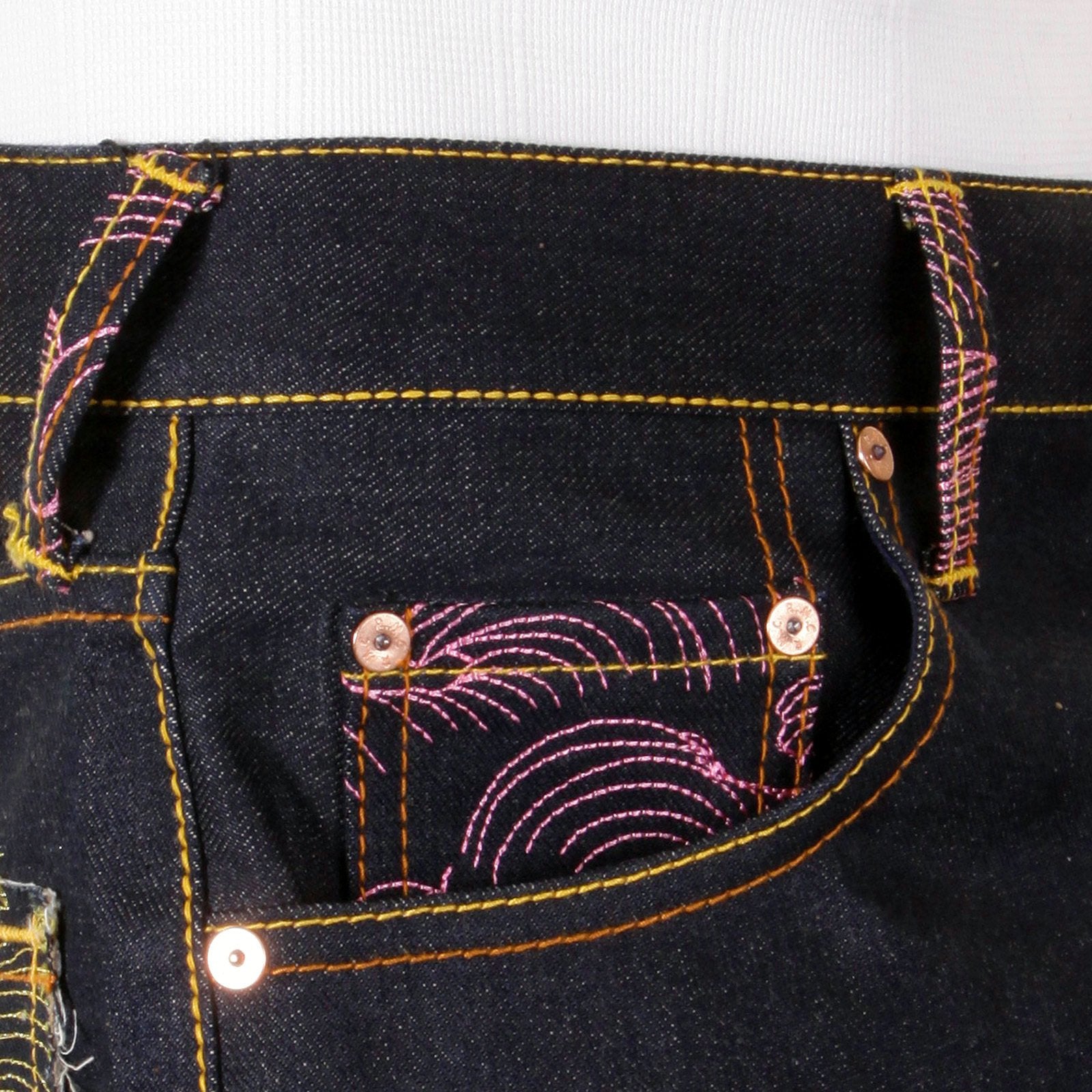 RMC MARTIN KSOHOH 1001 SLIMMER CUT MENS COTTON DARK INDIGO RAW DENIM JEANS WITH MAGIC RABBIT EMBROIDERY REDM0004